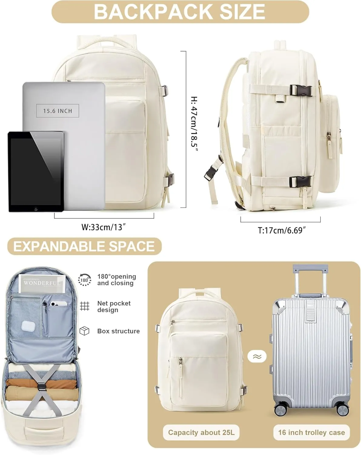 Lightweight Travel Backpack For Women Men Carry On Backpack Flight Approved Travel Bag Personal Item Waterproof Luggage Backpack With Shoe & Laptop Compartment(Beige)