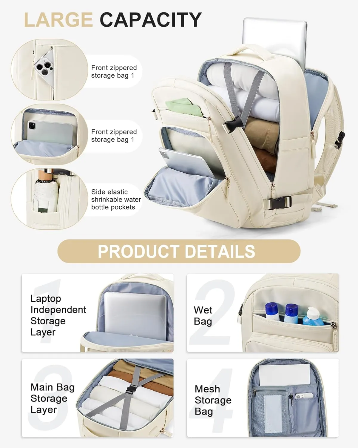 Lightweight Travel Backpack For Women Men Carry On Backpack Flight Approved Travel Bag Personal Item Waterproof Luggage Backpack With Shoe & Laptop Compartment(Beige)