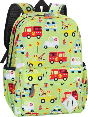 Little Kids Backpack for Girls Boys - 15 Inch Preschool Kindergarten Backpack Cute Car Patterns School Bag for Aged 3-8, Green