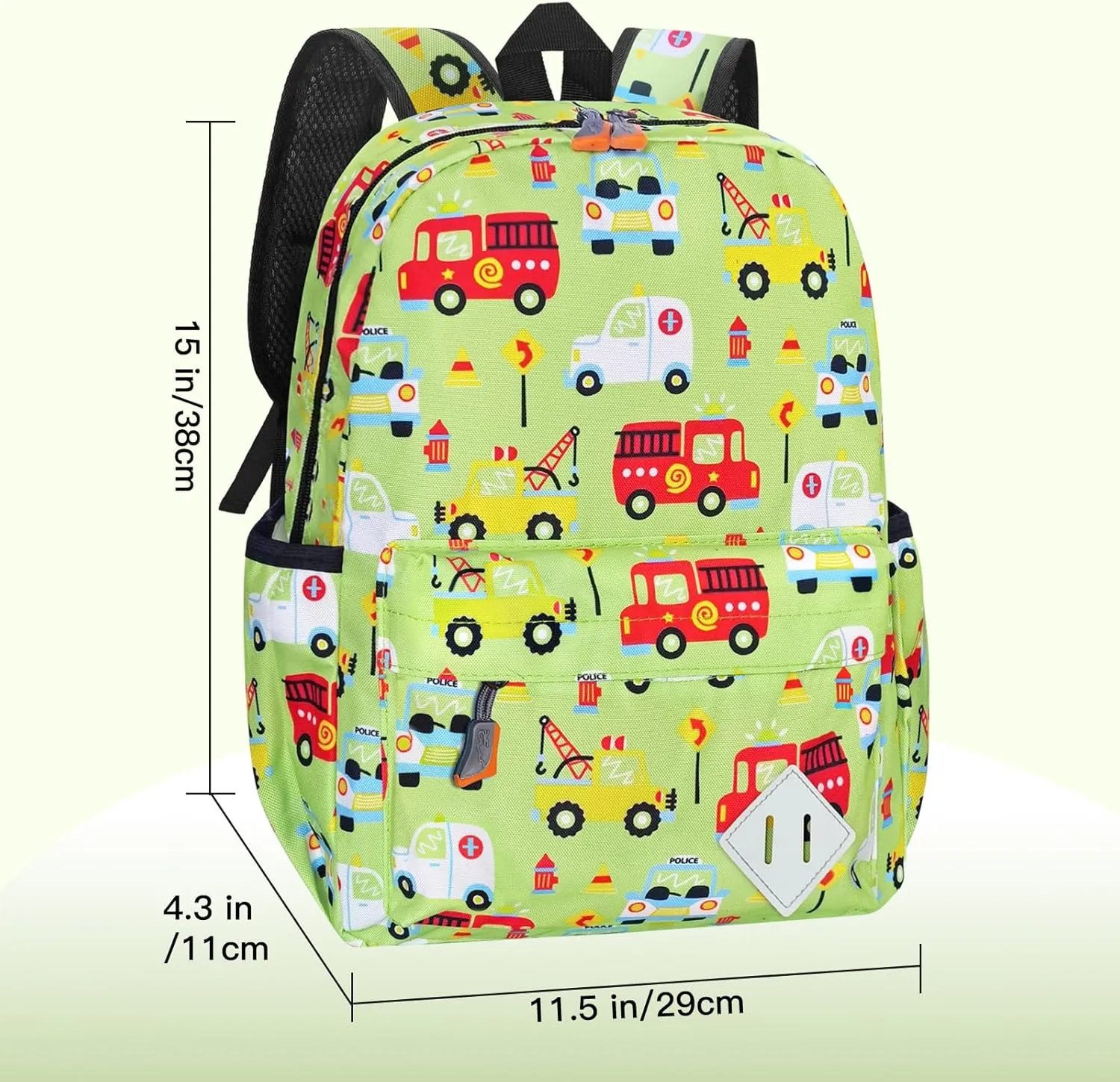 Little Kids Backpack for Girls Boys - 15 Inch Preschool Kindergarten Backpack Cute Car Patterns School Bag for Aged 3-8, Green