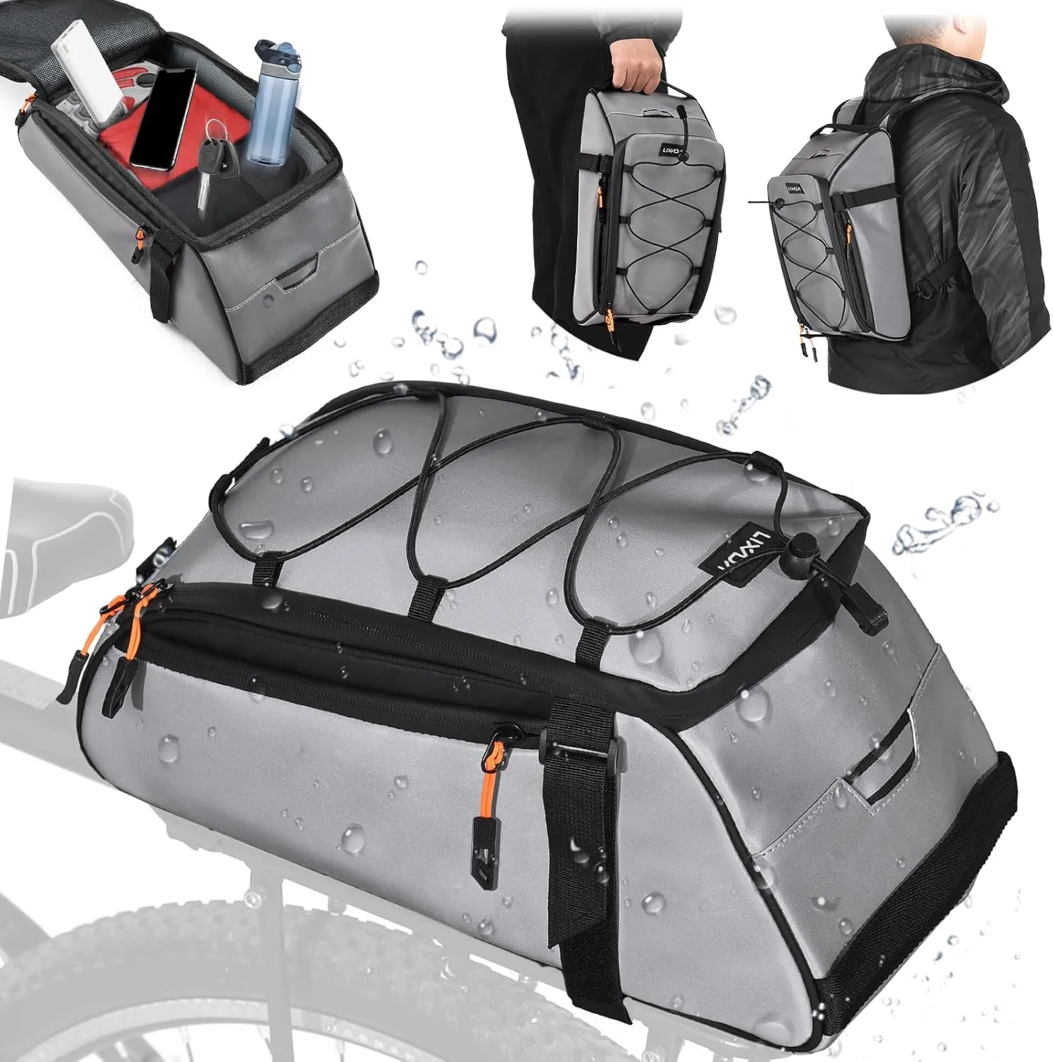 Lixada 10L Reflective Bicycle Rear Rack Bag 4-in-1 Waterproof Bike Saddle Bag Bike Rear Rack Pouch with Shoulder Strap Cycling Bicycle Saddle Panniers Lightweight Compact for Traveling Commuting