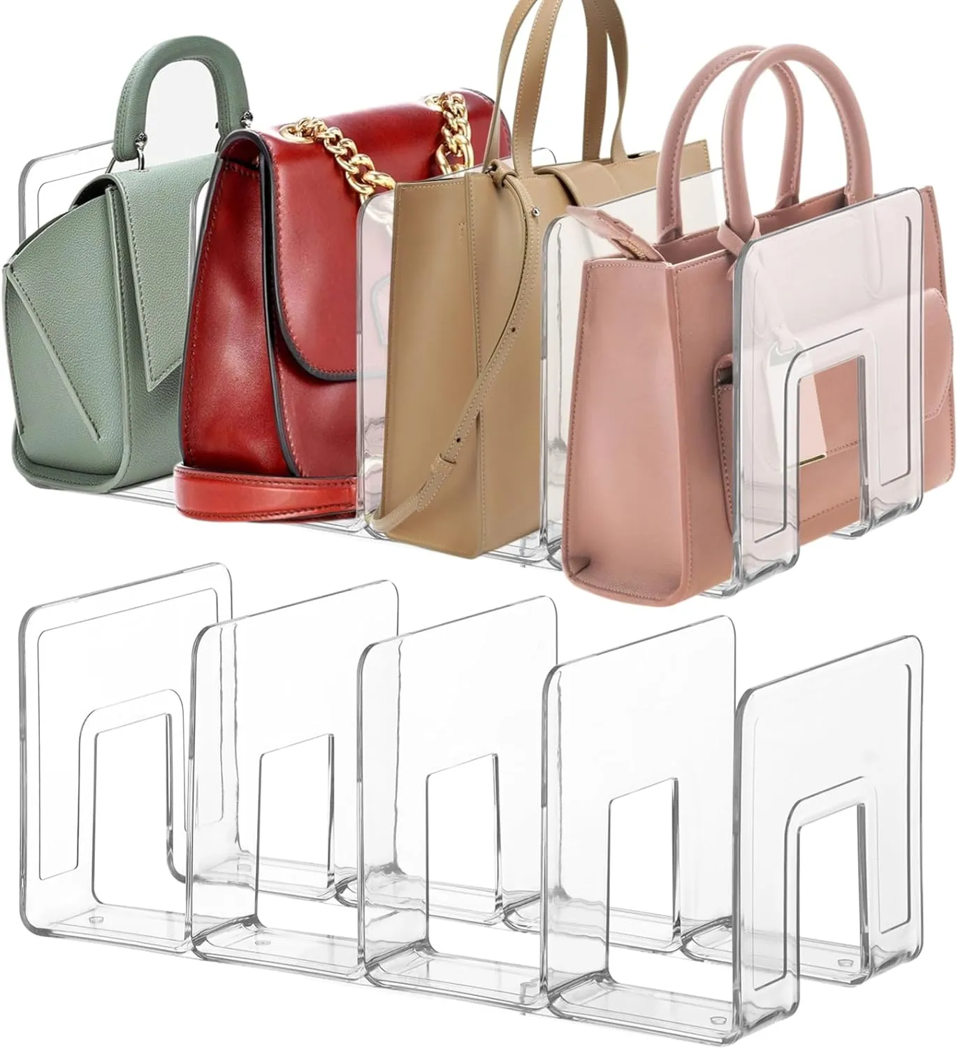 Lnrueg 2PCS Plastic Purse Organizers, 4-Slot 5.71 x 12.8 x 5.12-Inches Clear Plastic Handbag Organizers for Bags, Clutches, Wallets, Wristlets, Space-Saving Bedroom and Cabinet Organization