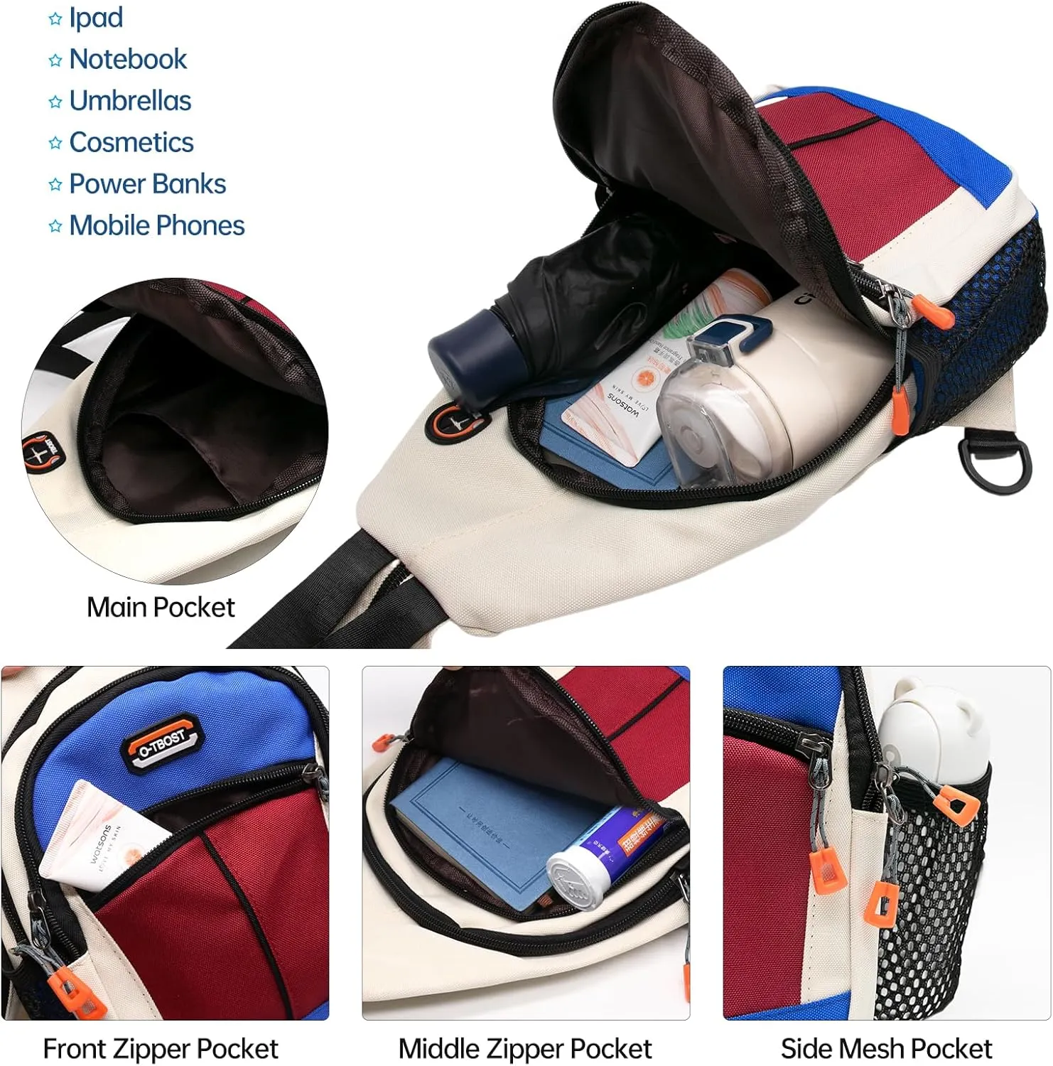 Long Keeper Sling Bag - Women's Crossbody Shoulder Backpack for Men, Travel, Hiking, Sport, Casual Daypack (Beige, Blue, Red)
