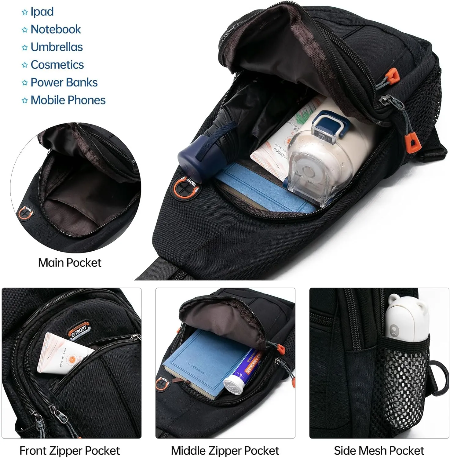Long Keeper Sling Bag - Women's Crossbody Shoulder Backpack for Men, Travel, Hiking, Sport, Casual Daypack (Black)