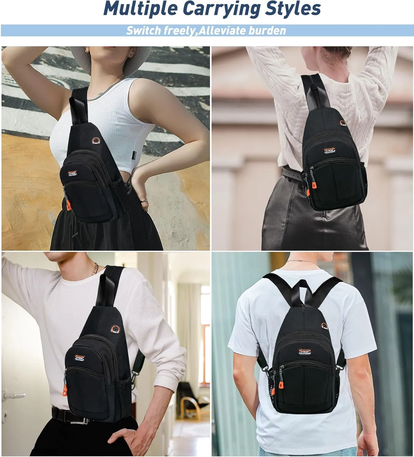 Long Keeper Sling Bag - Women's Crossbody Shoulder Backpack for Men, Travel, Hiking, Sport, Casual Daypack (Black)