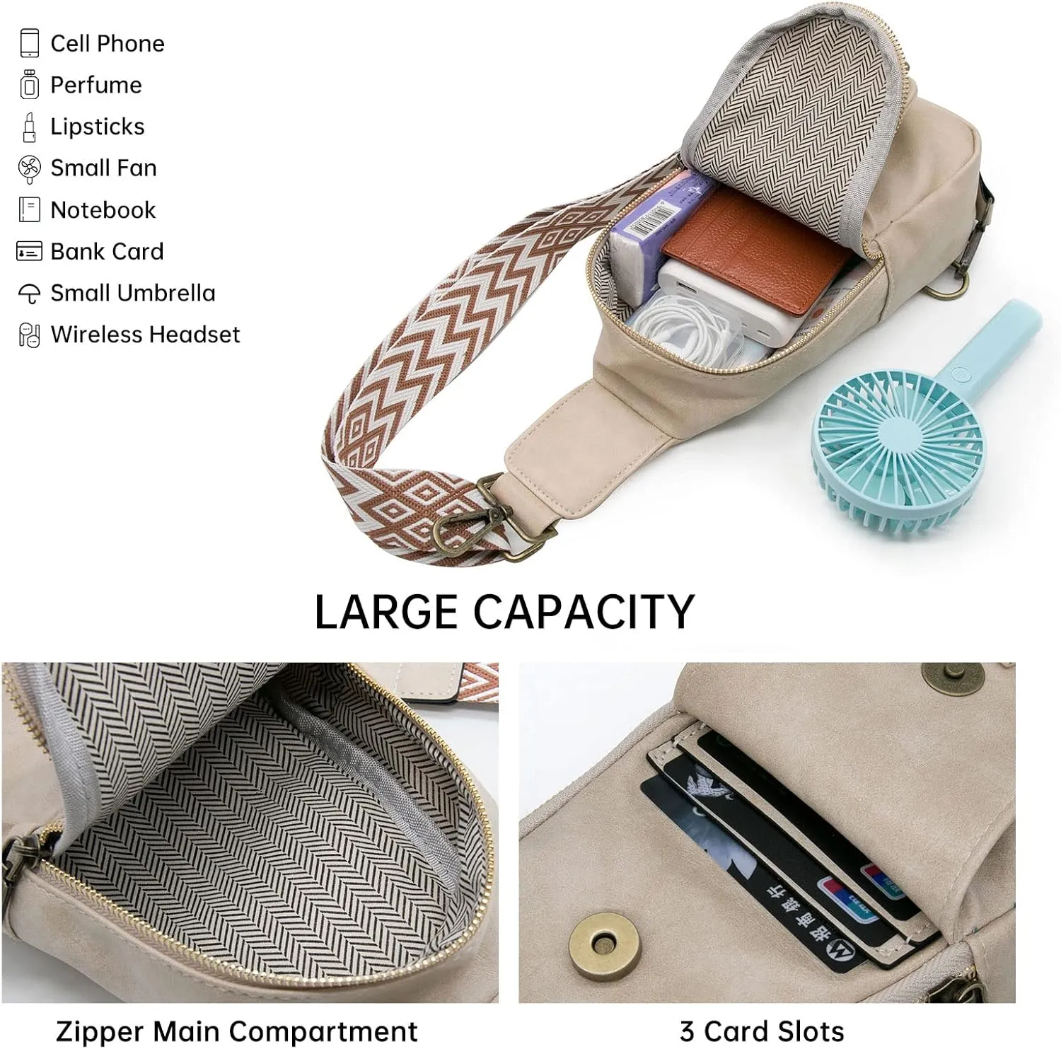 Long Keeper Sling Chest Bag for Women PU Leather Satchel Daypack Traveling Crossbody Bag With Bohemia Adjustable Strap