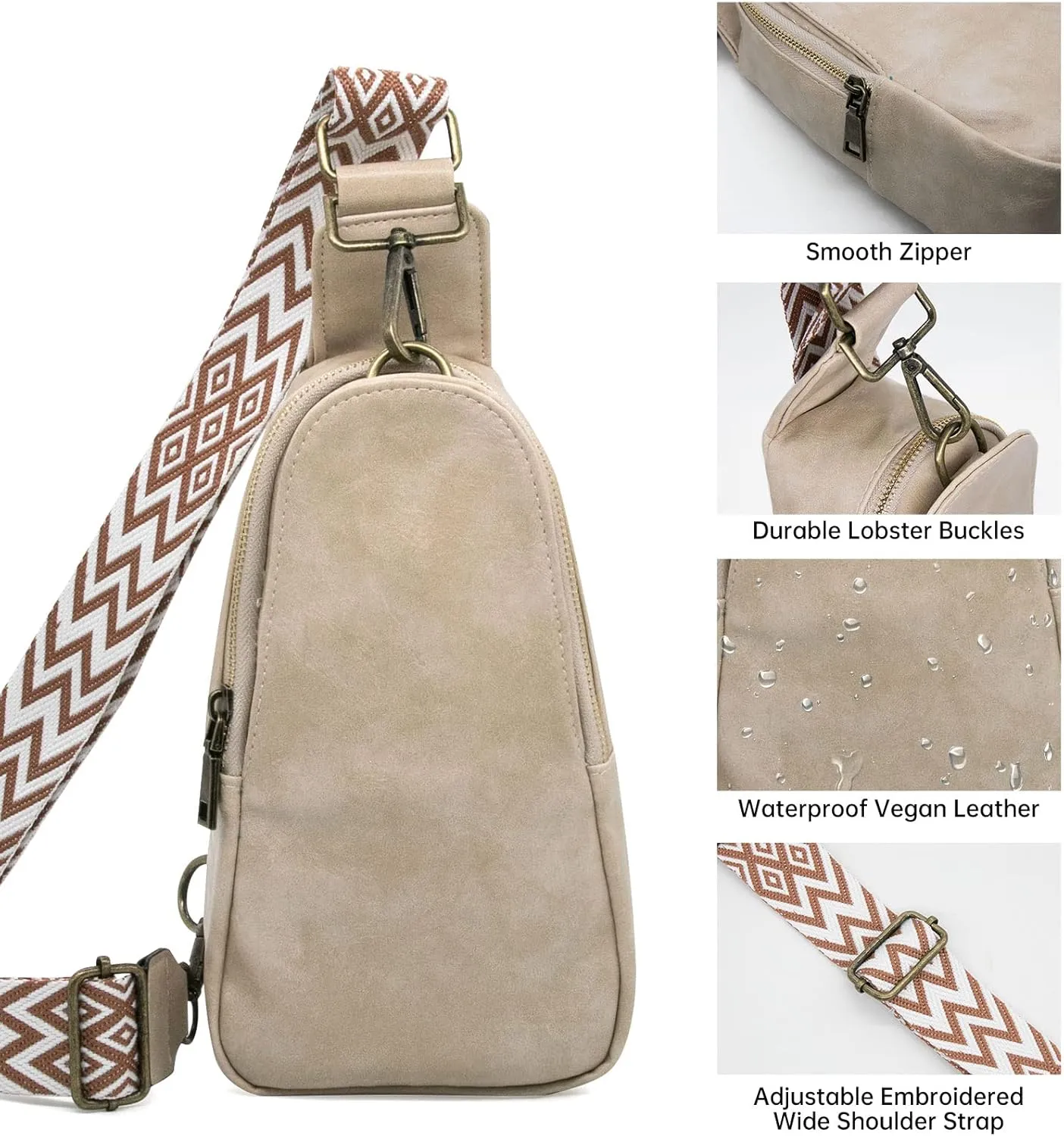 Long Keeper Sling Chest Bag for Women PU Leather Satchel Daypack Traveling Crossbody Bag With Bohemia Adjustable Strap