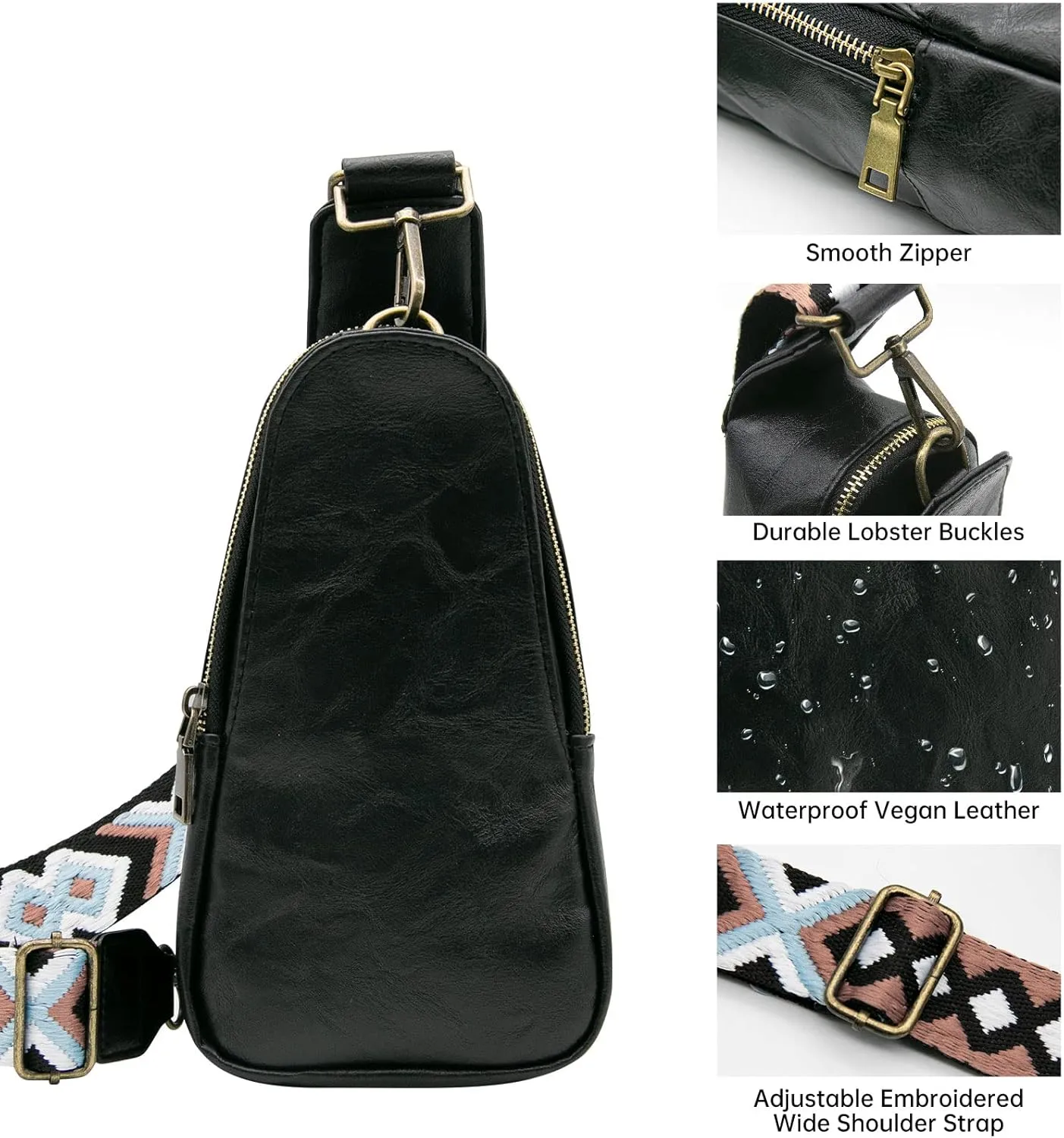 Long Keeper Sling Chest Bag for Women PU Leather Satchel Daypack Traveling Crossbody Bag With Bohemia Adjustable Strap