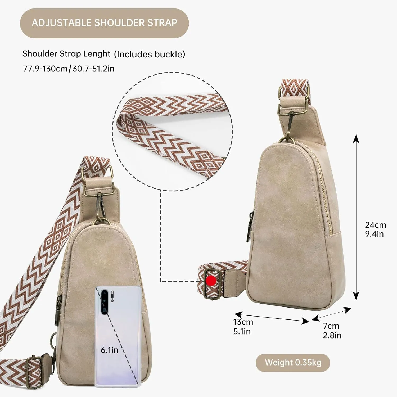 Long Keeper Sling Chest Bag for Women PU Leather Satchel Daypack Traveling Crossbody Bag With Bohemia Adjustable Strap