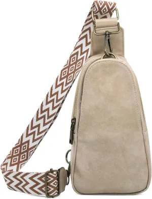 Long Keeper Sling Chest Bag for Women PU Leather Satchel Daypack Traveling Crossbody Bag With Bohemia Adjustable Strap