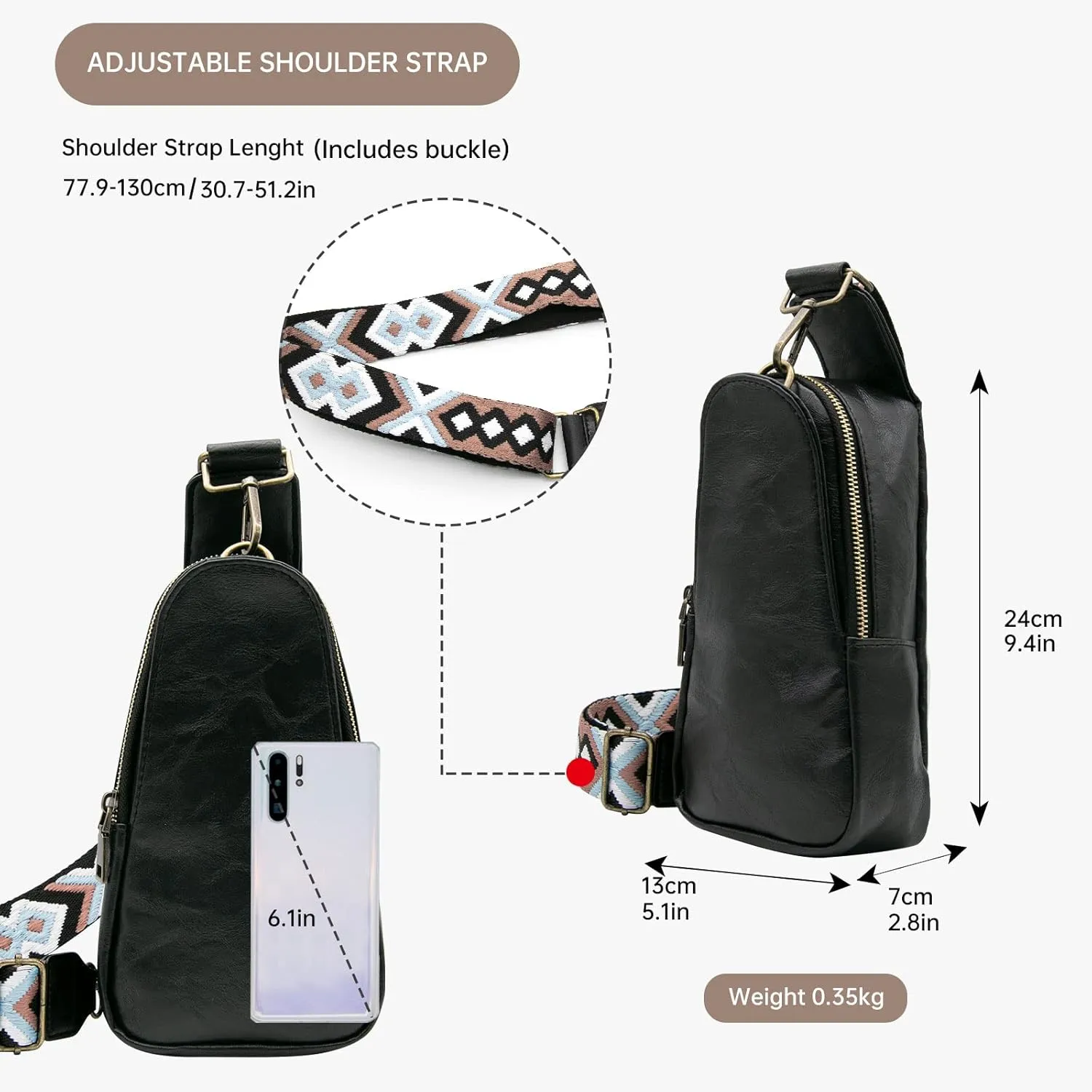 Long Keeper Sling Chest Bag for Women PU Leather Satchel Daypack Traveling Crossbody Bag With Bohemia Adjustable Strap