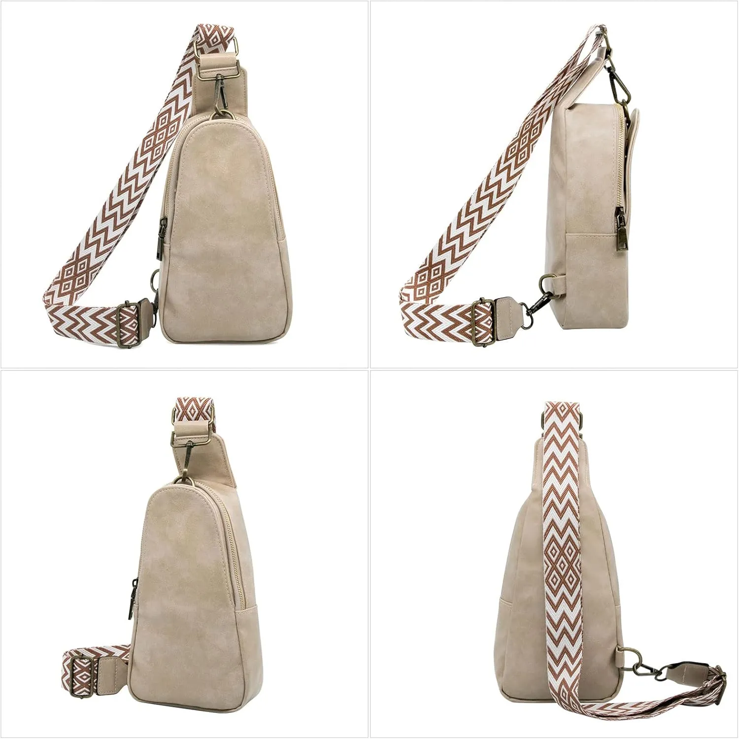Long Keeper Sling Chest Bag for Women PU Leather Satchel Daypack Traveling Crossbody Bag With Bohemia Adjustable Strap