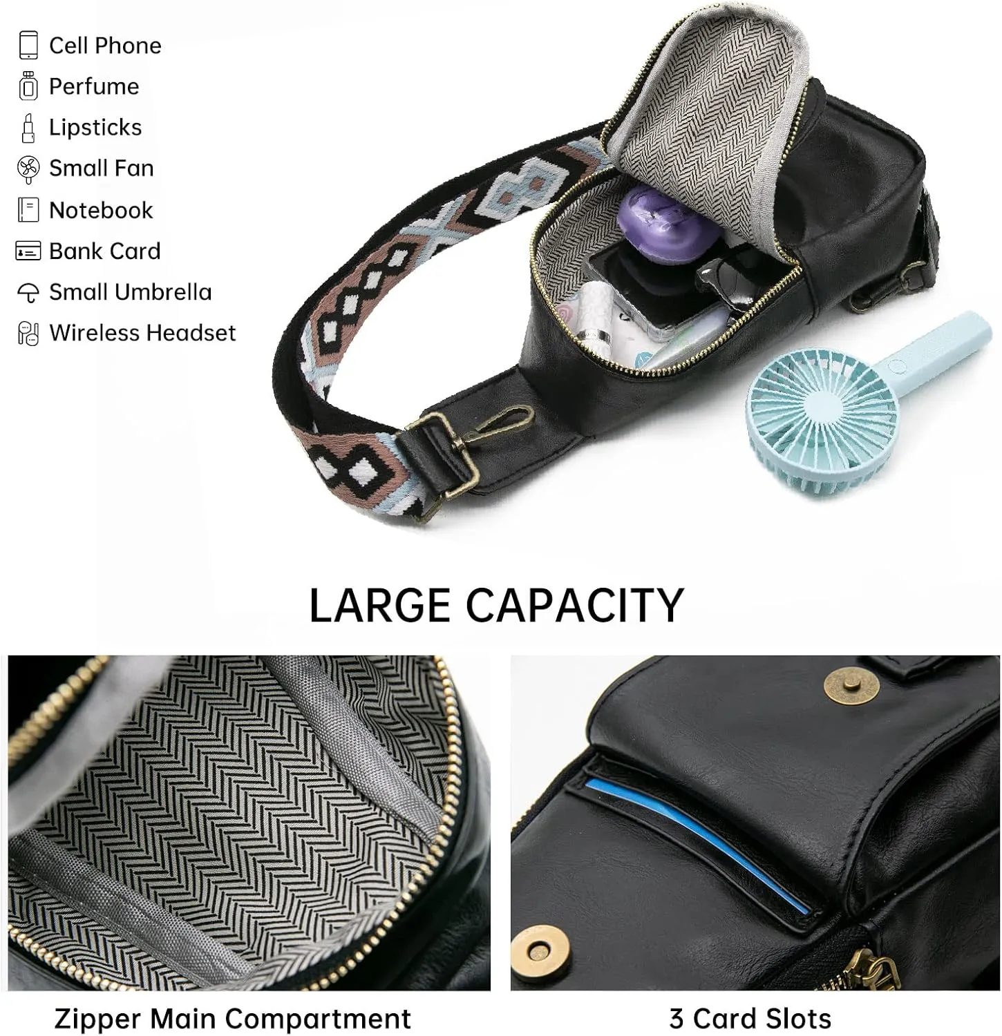 Long Keeper Sling Chest Bag for Women PU Leather Satchel Daypack Traveling Crossbody Bag With Bohemia Adjustable Strap