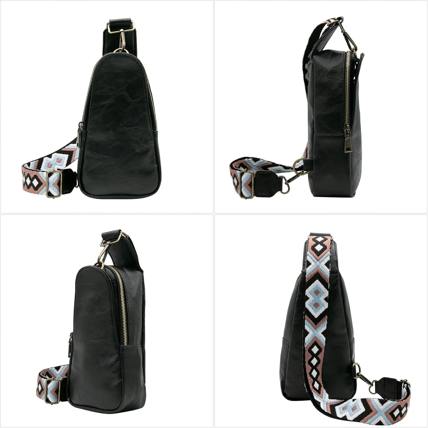 Long Keeper Sling Chest Bag for Women PU Leather Satchel Daypack Traveling Crossbody Bag With Bohemia Adjustable Strap