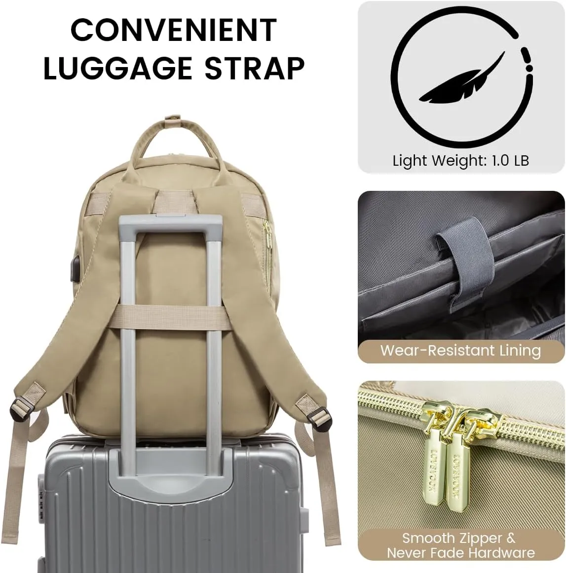 LOVEVOOK 15.6 Inch Laptop Backpack for Women,Large Capacity Work Backpack Purse for Women,Waterproof Travel Day Pack for Teacher Nurse,Khaki-Beige