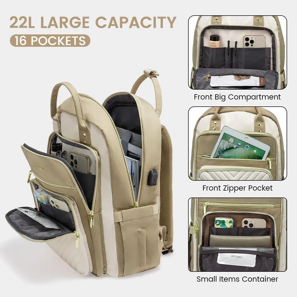 LOVEVOOK 15.6 Inch Laptop Backpack for Women,Large Capacity Work Backpack Purse for Women,Waterproof Travel Day Pack for Teacher Nurse,Khaki-Beige