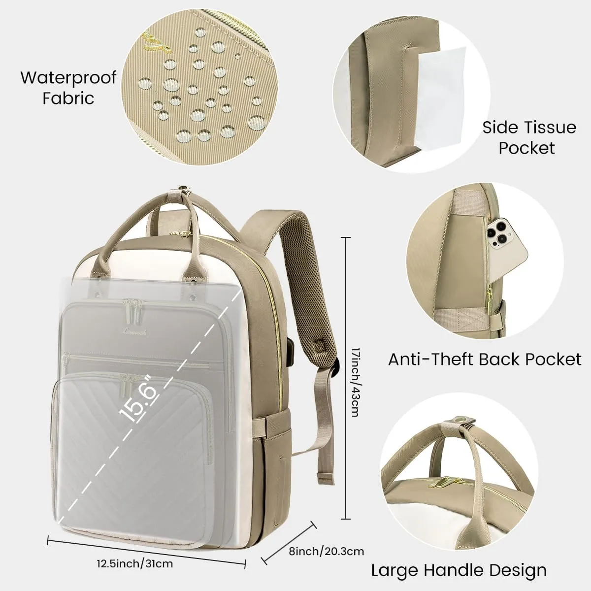 LOVEVOOK 15.6 Inch Laptop Backpack for Women,Large Capacity Work Backpack Purse for Women,Waterproof Travel Day Pack for Teacher Nurse,Khaki-Beige