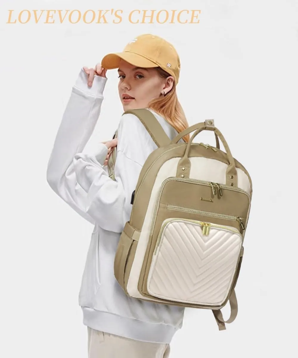 LOVEVOOK 15.6 Inch Laptop Backpack for Women,Large Capacity Work Backpack Purse for Women,Waterproof Travel Day Pack for Teacher Nurse,Khaki-Beige