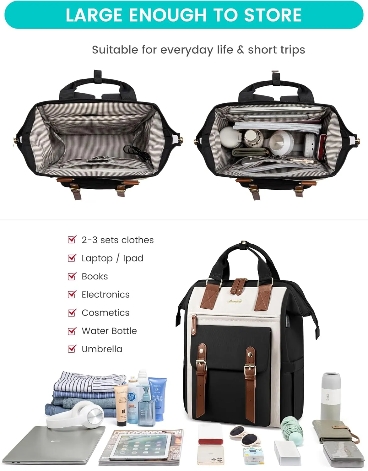 LOVEVOOK 17 Inch Laptop Backpack For Women Work Large Travel Backpack Purse, Nurse Bag College Backpack, Teacher Doctor Business Laptop Bag, Waterproof Wide Open Computer Back pack, Black-Beige-Brown