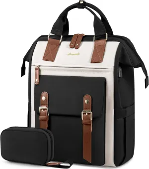 LOVEVOOK 17 Inch Laptop Backpack For Women Work Large Travel Backpack Purse, Nurse Bag College Backpack, Teacher Doctor Business Laptop Bag, Waterproof Wide Open Computer Back pack, Black-Beige-Brown