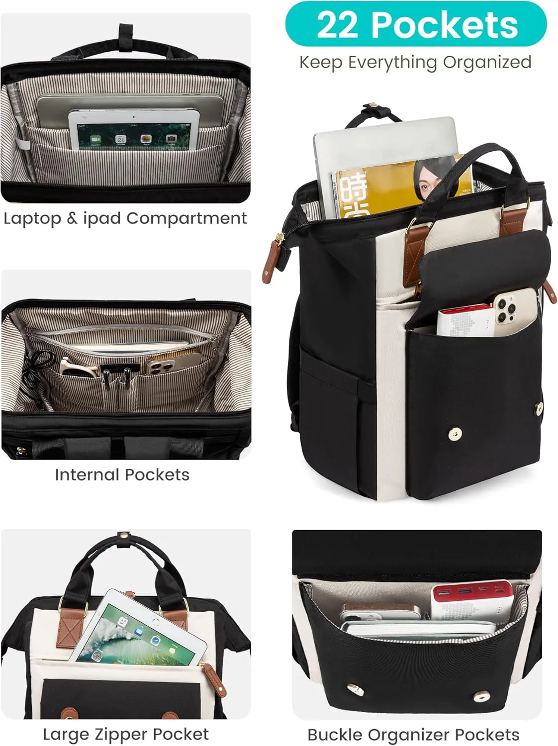 LOVEVOOK 17 Inch Laptop Backpack For Women Work Large Travel Backpack Purse, Nurse Bag College Backpack, Teacher Doctor Business Laptop Bag, Waterproof Wide Open Computer Back pack, Black-Beige-Brown