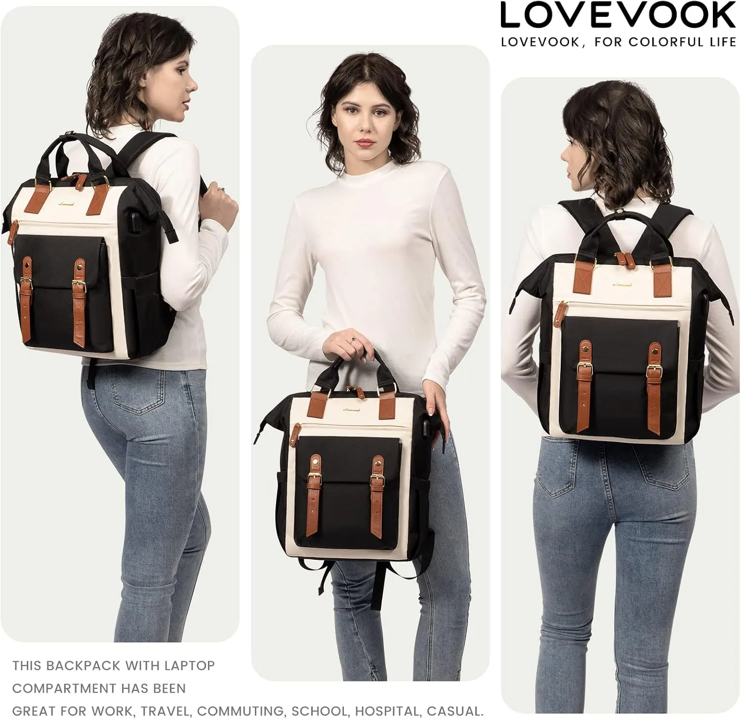 LOVEVOOK 17 Inch Laptop Backpack For Women Work Large Travel Backpack Purse, Nurse Bag College Backpack, Teacher Doctor Business Laptop Bag, Waterproof Wide Open Computer Back pack, Black-Beige-Brown