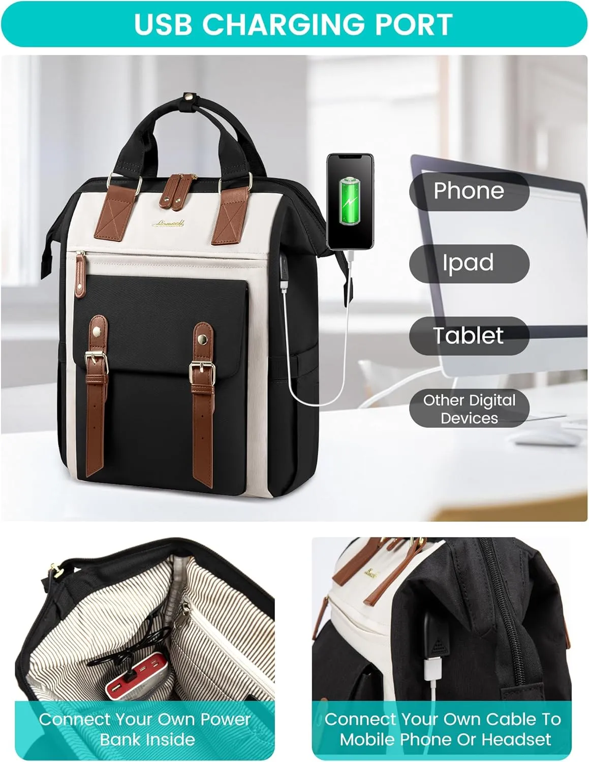 LOVEVOOK 17 Inch Laptop Backpack For Women Work Large Travel Backpack Purse, Nurse Bag College Backpack, Teacher Doctor Business Laptop Bag, Waterproof Wide Open Computer Back pack, Black-Beige-Brown