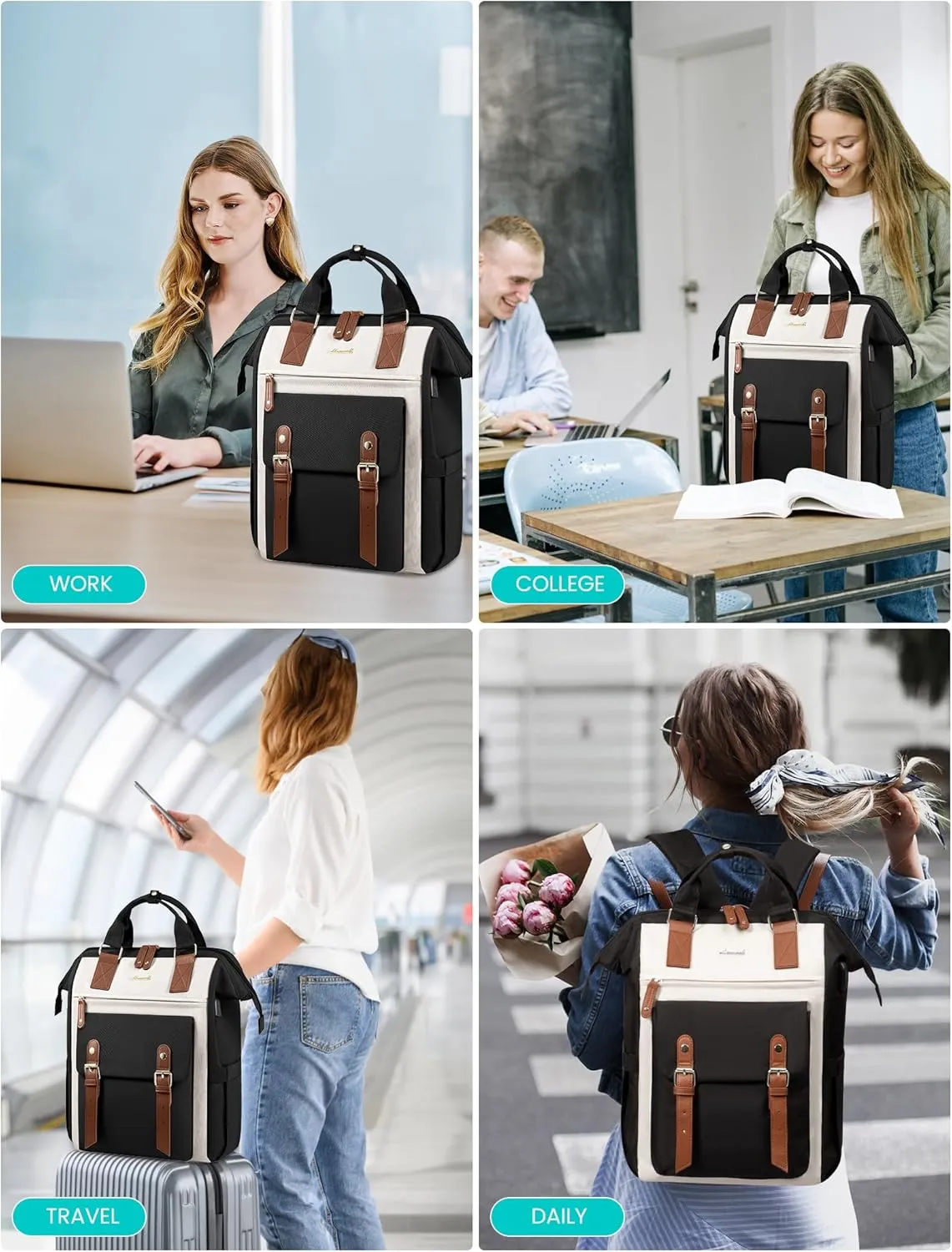 LOVEVOOK 17 Inch Laptop Backpack For Women Work Large Travel Backpack Purse, Nurse Bag College Backpack, Teacher Doctor Business Laptop Bag, Waterproof Wide Open Computer Back pack, Black-Beige-Brown