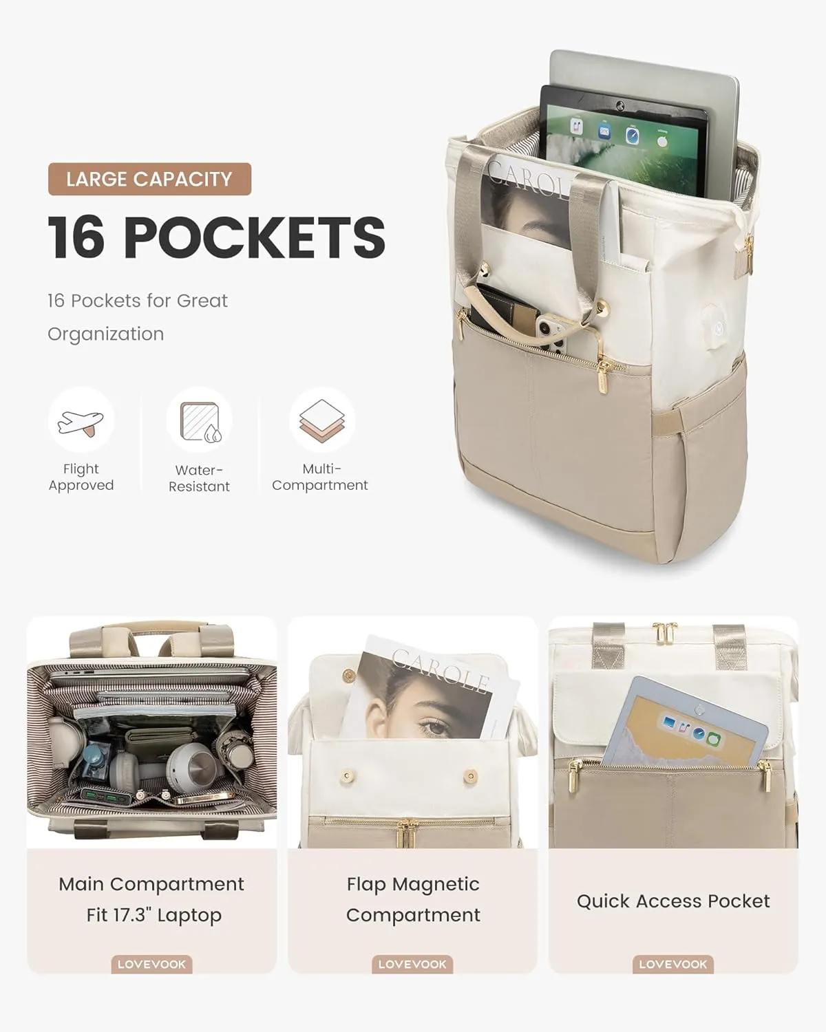 LOVEVOOK 17.3 Inch Laptop Backpack for Women, Large Capacity Travel Backpack with Organizer Bag, Waterproof Carry on Backpack Purse Work Bag with USB Port for Teacher Nurse, Beige-Khaki