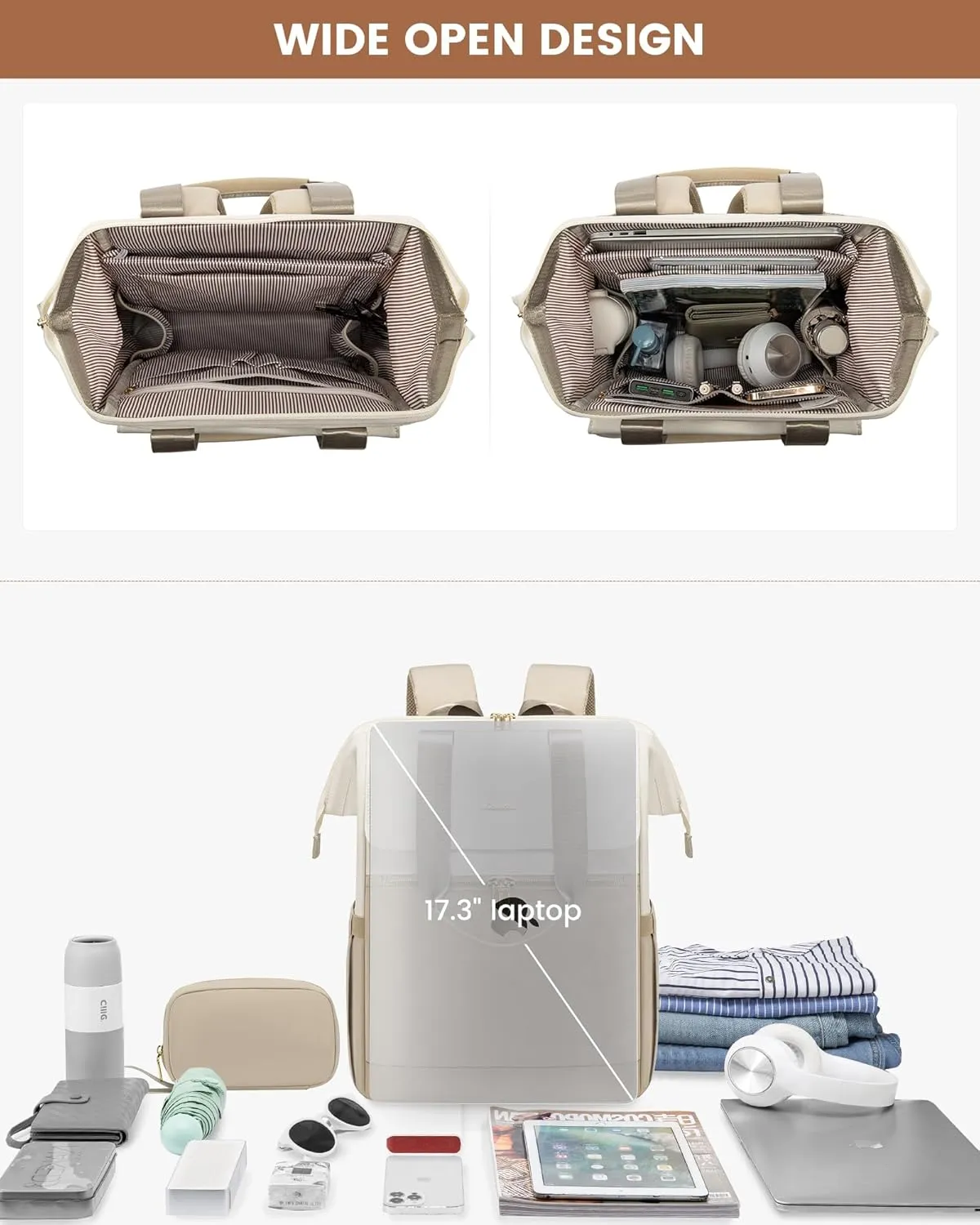 LOVEVOOK 17.3 Inch Laptop Backpack for Women, Large Capacity Travel Backpack with Organizer Bag, Waterproof Carry on Backpack Purse Work Bag with USB Port for Teacher Nurse, Beige-Khaki