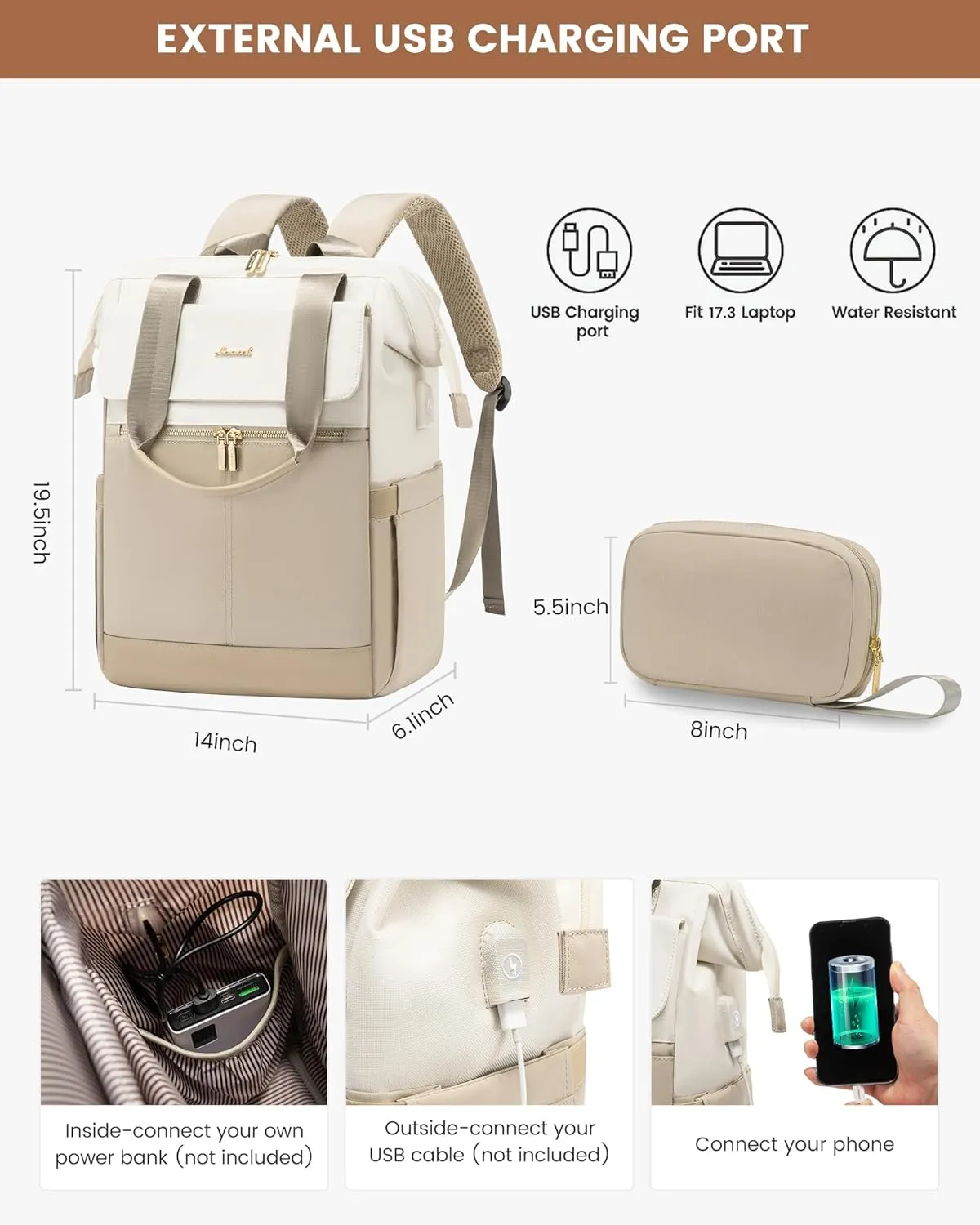 LOVEVOOK 17.3 Inch Laptop Backpack for Women, Large Capacity Travel Backpack with Organizer Bag, Waterproof Carry on Backpack Purse Work Bag with USB Port for Teacher Nurse, Beige-Khaki