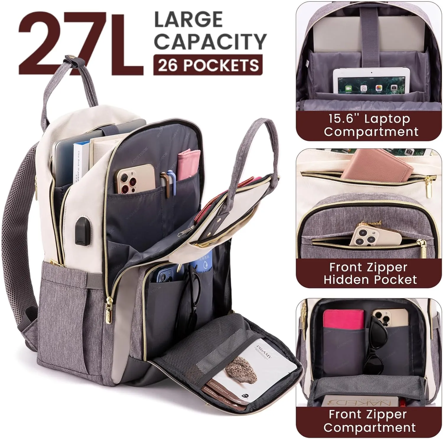 LOVEVOOK Backpack for Women,Laptop Backpack Women,Fits 15.6 Inch Laptop Bag,School Backpacks,Fashion Travel Work Anti-theft Bag,Waterproof Business Computer College Backpack Purse,Beige-Grey-Grey
