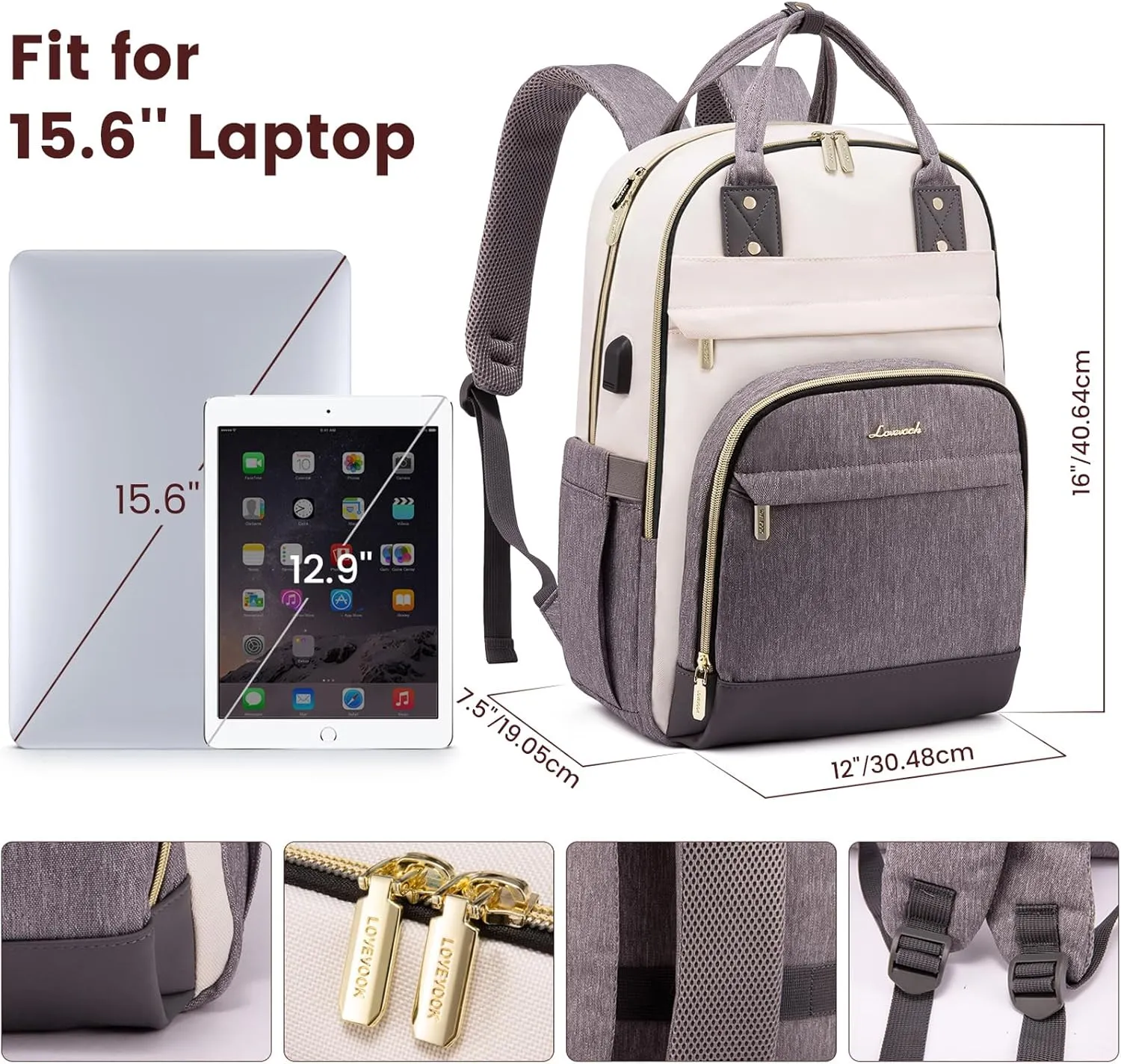 LOVEVOOK Backpack for Women,Laptop Backpack Women,Fits 15.6 Inch Laptop Bag,School Backpacks,Fashion Travel Work Anti-theft Bag,Waterproof Business Computer College Backpack Purse,Beige-Grey-Grey