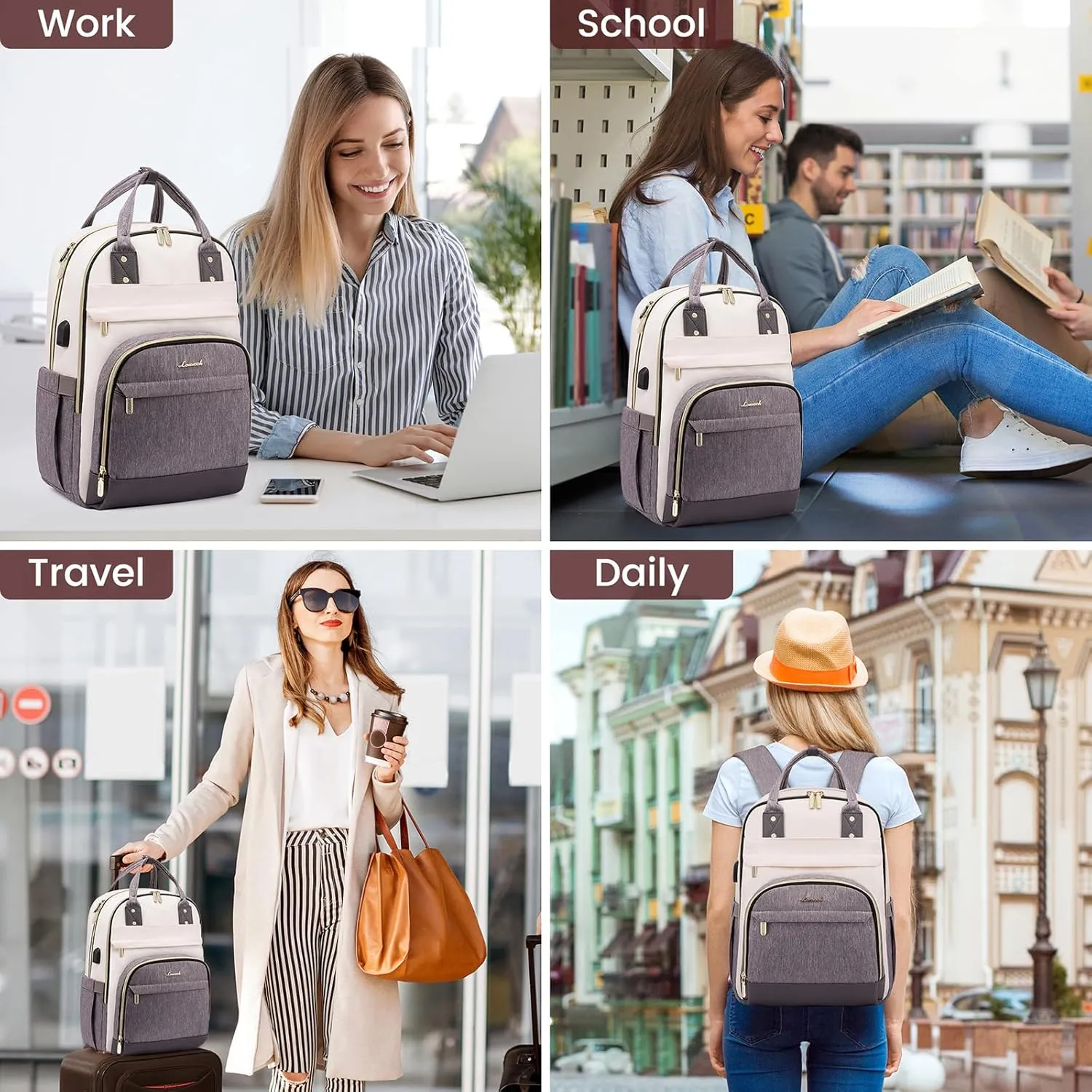 LOVEVOOK Backpack for Women,Laptop Backpack Women,Fits 15.6 Inch Laptop Bag,School Backpacks,Fashion Travel Work Anti-theft Bag,Waterproof Business Computer College Backpack Purse,Beige-Grey-Grey
