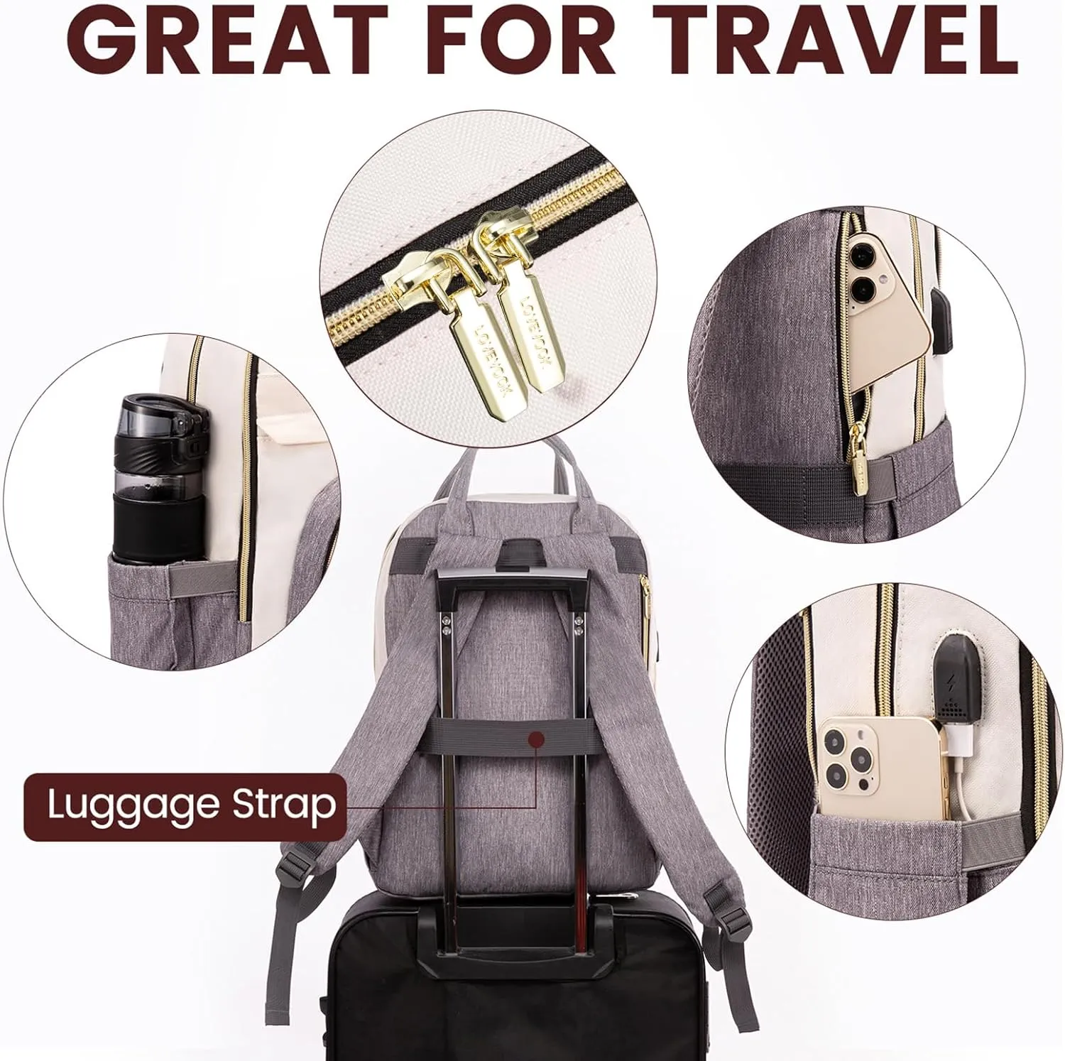 LOVEVOOK Backpack for Women,Laptop Backpack Women,Fits 15.6 Inch Laptop Bag,School Backpacks,Fashion Travel Work Anti-theft Bag,Waterproof Business Computer College Backpack Purse,Beige-Grey-Grey