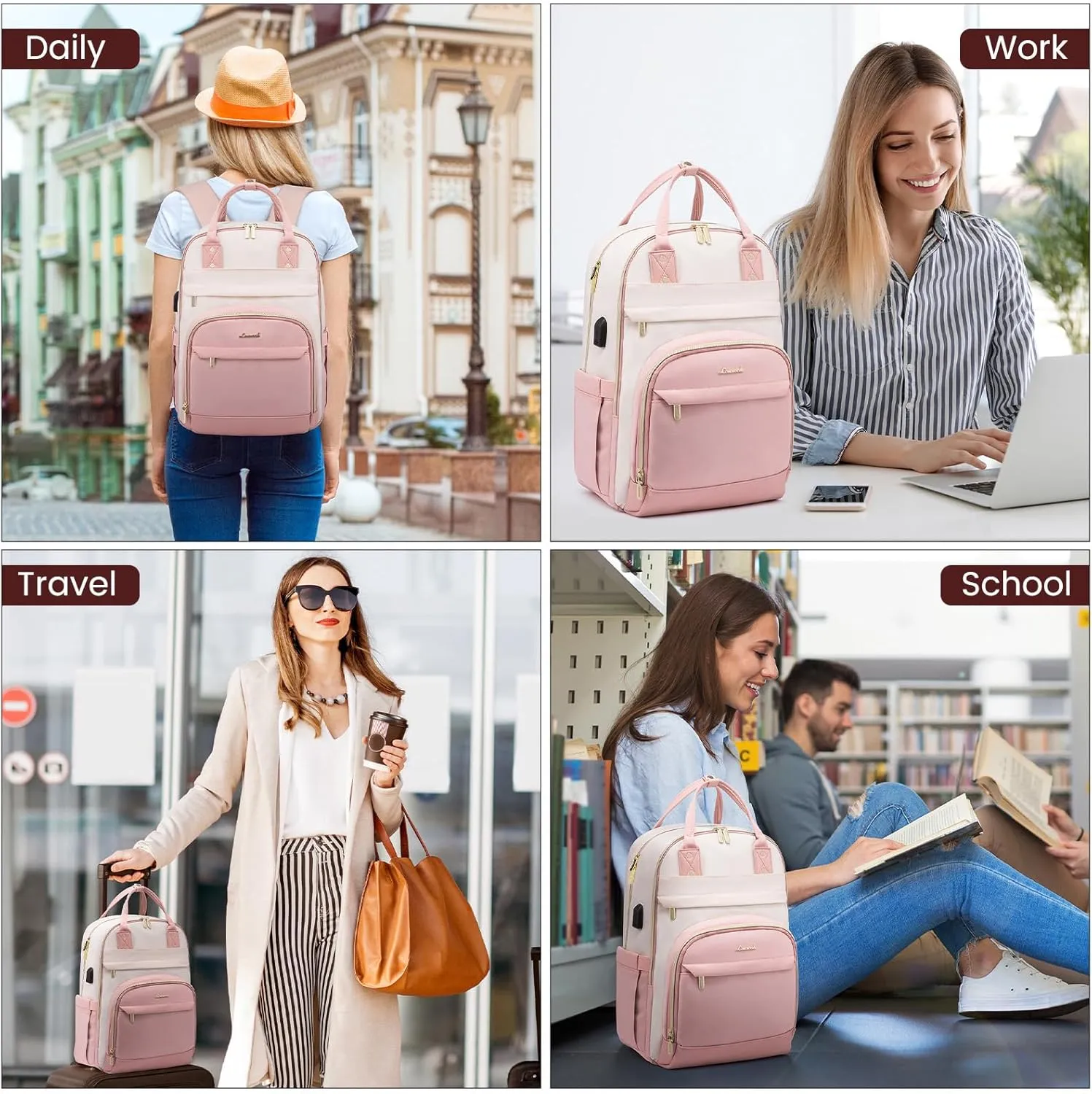 LOVEVOOK Backpack for Women,Laptop Backpack Women,Fits 15.6 Inch Laptop Bag,School Backpacks,Fashion Travel Work Anti-theft Bag,Waterproof Business Computer College Backpack Purse,Beige-Pink-Pink