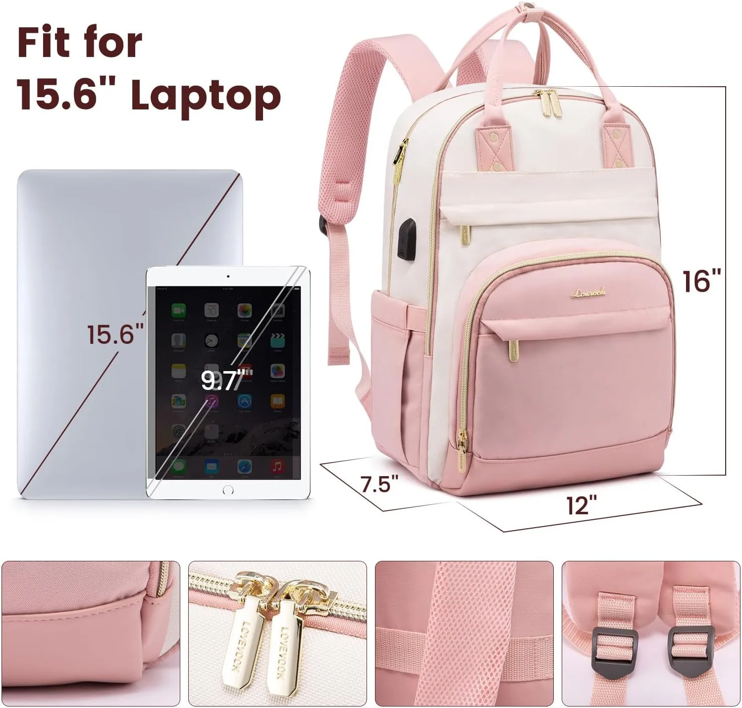 LOVEVOOK Backpack for Women,Laptop Backpack Women,Fits 15.6 Inch Laptop Bag,School Backpacks,Fashion Travel Work Anti-theft Bag,Waterproof Business Computer College Backpack Purse,Beige-Pink-Pink