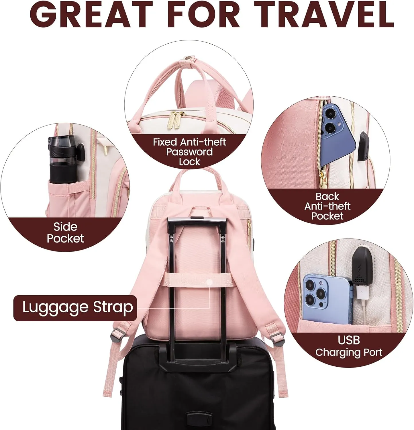 LOVEVOOK Backpack for Women,Laptop Backpack Women,Fits 15.6 Inch Laptop Bag,School Backpacks,Fashion Travel Work Anti-theft Bag,Waterproof Business Computer College Backpack Purse,Beige-Pink-Pink