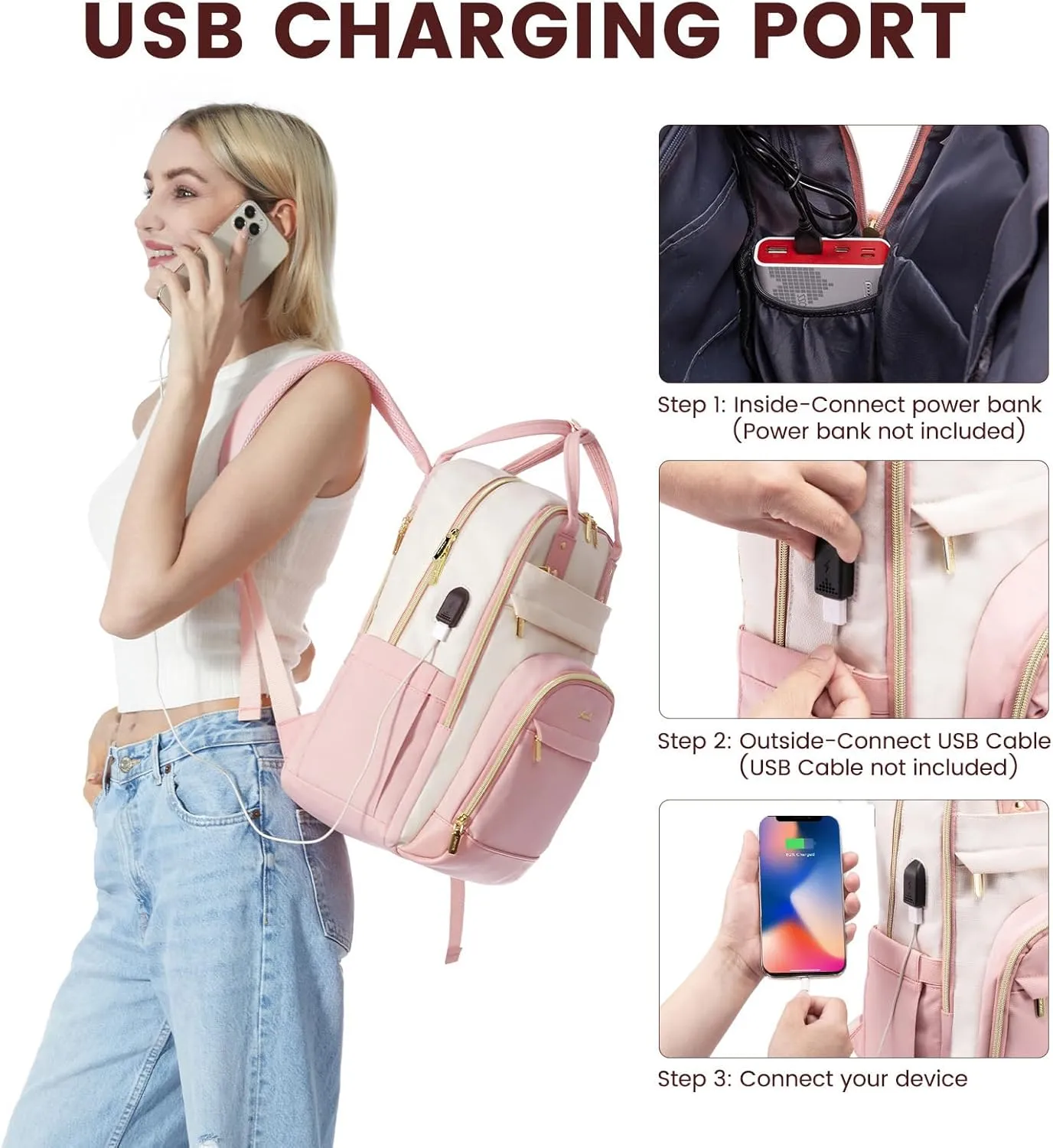 LOVEVOOK Backpack for Women,Laptop Backpack Women,Fits 15.6 Inch Laptop Bag,School Backpacks,Fashion Travel Work Anti-theft Bag,Waterproof Business Computer College Backpack Purse,Beige-Pink-Pink