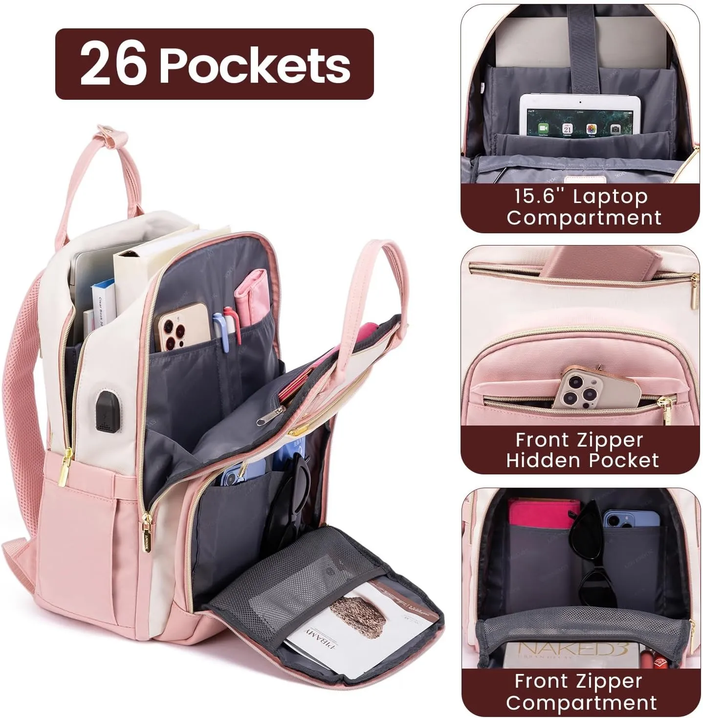 LOVEVOOK Backpack for Women,Laptop Backpack Women,Fits 15.6 Inch Laptop Bag,School Backpacks,Fashion Travel Work Anti-theft Bag,Waterproof Business Computer College Backpack Purse,Beige-Pink-Pink