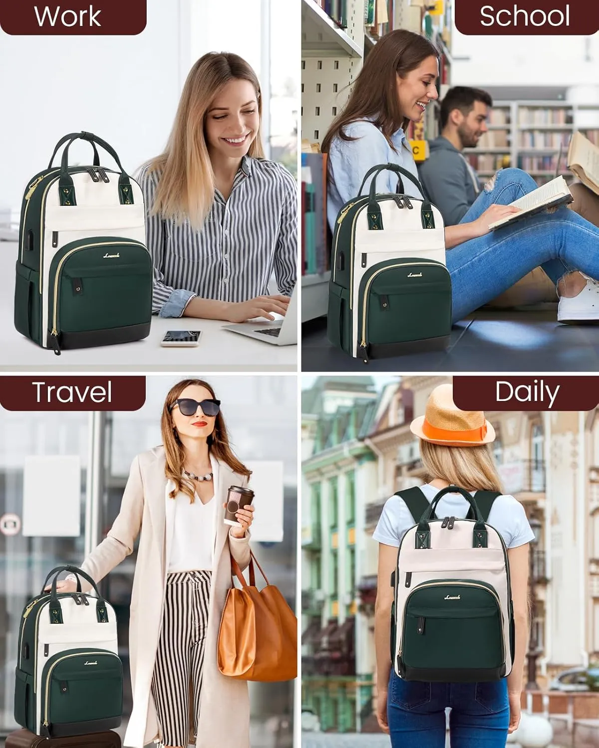 LOVEVOOK Backpack for Women,Laptop Backpack Women,Fits 17 Inch Laptop Bag,School Backpacks,Fashion Travel Work Anti-theft Bag,Waterproof Business Computer College Backpack Purse,Beige-Green-Black