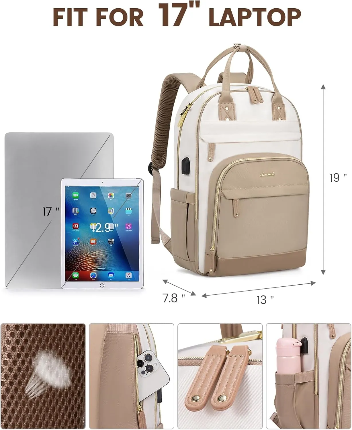 LOVEVOOK Backpack for Women,Laptop Backpack Women,Fits 17 Inch Laptop Bag,School Backpacks,Fashion Travel Work Anti-theft Bag,Waterproof Business Computer College Backpack Purse,Beige-Khaqi