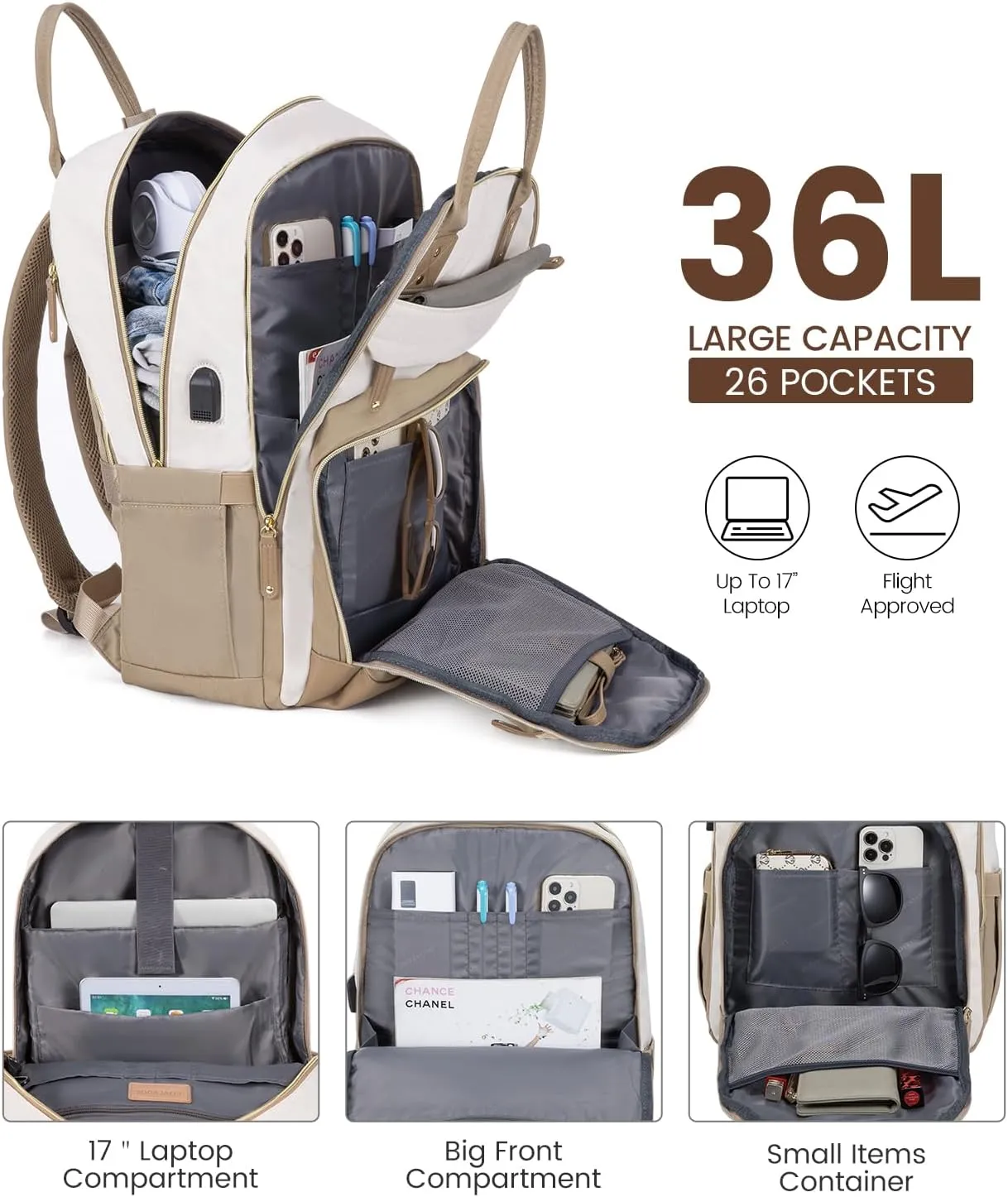 LOVEVOOK Backpack for Women,Laptop Backpack Women,Fits 17 Inch Laptop Bag,School Backpacks,Fashion Travel Work Anti-theft Bag,Waterproof Business Computer College Backpack Purse,Beige-Khaqi