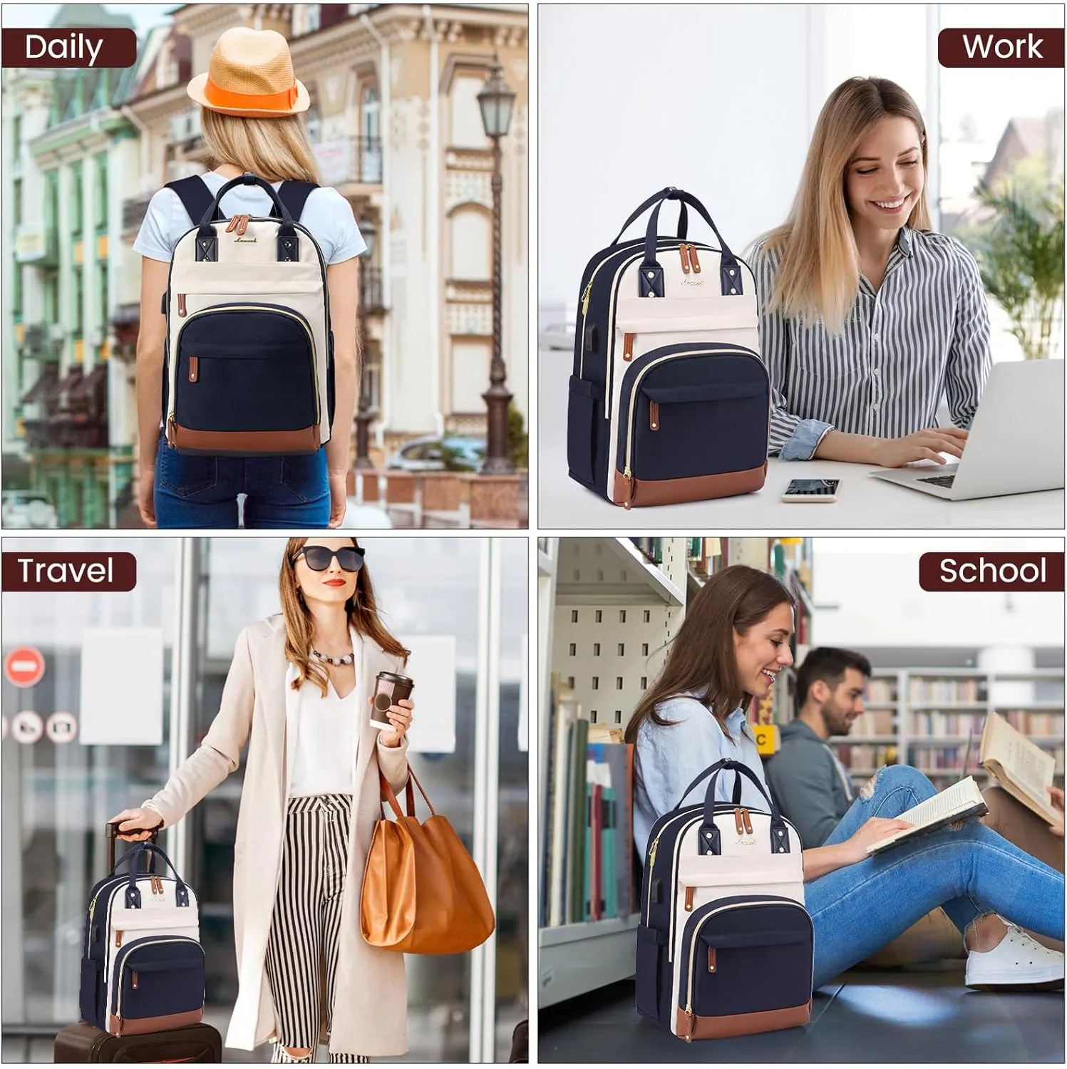 LOVEVOOK Backpack for Women,Laptop Backpack Women,Fits 18 Inch Laptop Bag,Fashion Travel Work Anti-theft Bag,Waterproof Business Computer College Teacher Backpack Purse Daypack, Beige-Blue-Brown