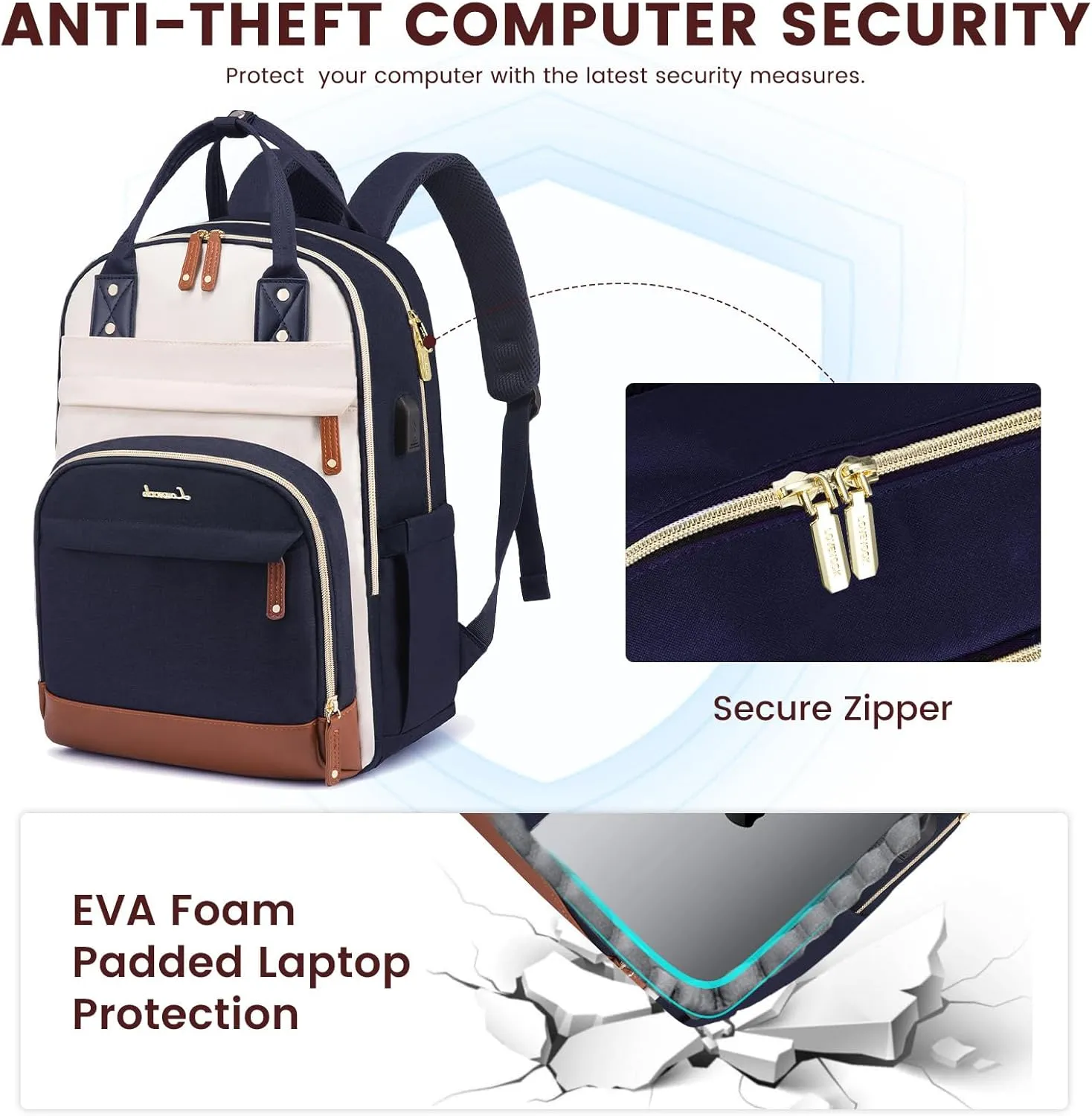 LOVEVOOK Backpack for Women,Laptop Backpack Women,Fits 18 Inch Laptop Bag,Fashion Travel Work Anti-theft Bag,Waterproof Business Computer College Teacher Backpack Purse Daypack, Beige-Blue-Brown