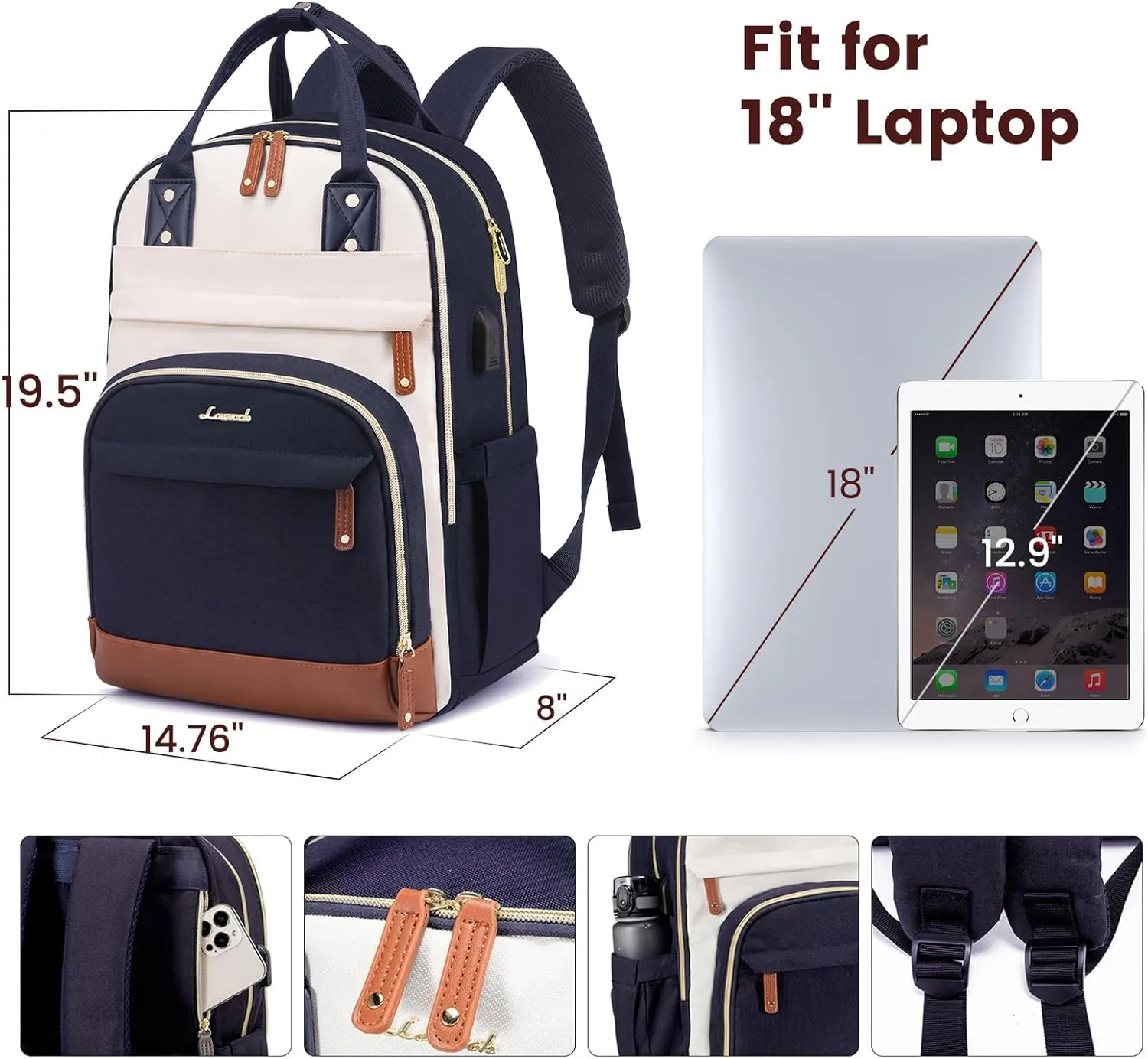 LOVEVOOK Backpack for Women,Laptop Backpack Women,Fits 18 Inch Laptop Bag,Fashion Travel Work Anti-theft Bag,Waterproof Business Computer College Teacher Backpack Purse Daypack, Beige-Blue-Brown