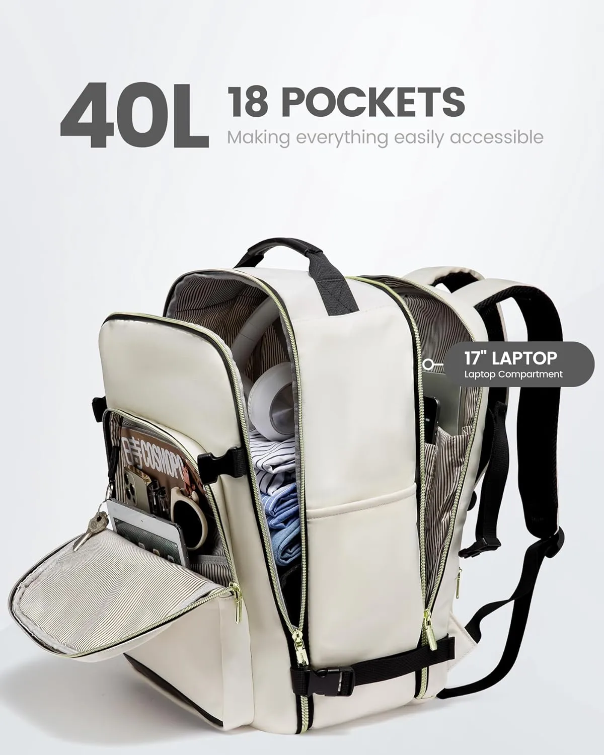 LOVEVOOK Carry on Backpack, 40L Travel Backpack as Personal Item Flight Approved, Waterproof Large 17inch Laptop Backpack Luggage Daypack Business Weekender Overnight with 3 Packing Cubes, Beige-Black