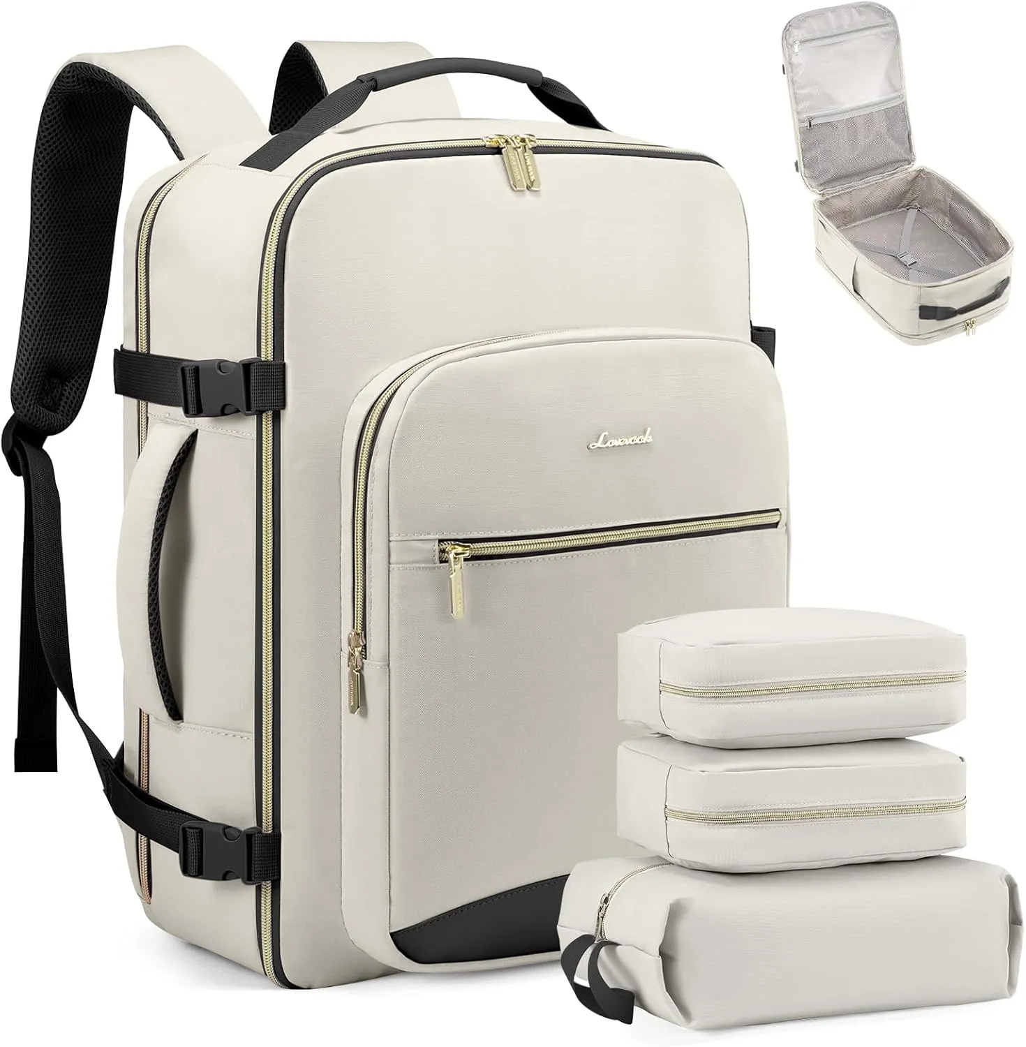 LOVEVOOK Carry on Backpack, 40L Travel Backpack as Personal Item Flight Approved, Waterproof Large 17inch Laptop Backpack Luggage Daypack Business Weekender Overnight with 3 Packing Cubes, Beige-Black