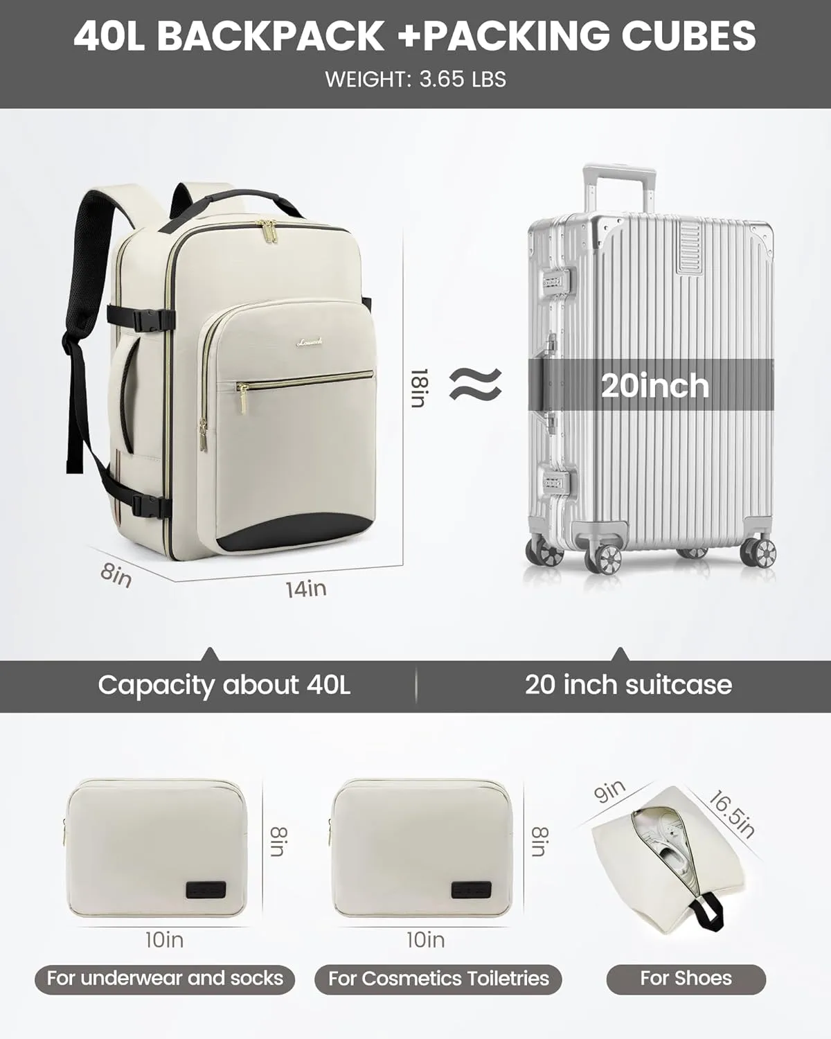 LOVEVOOK Carry on Backpack, 40L Travel Backpack as Personal Item Flight Approved, Waterproof Large 17inch Laptop Backpack Luggage Daypack Business Weekender Overnight with 3 Packing Cubes, Beige-Black