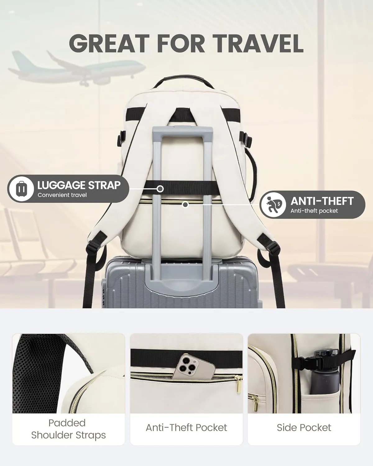 LOVEVOOK Carry on Backpack, 40L Travel Backpack as Personal Item Flight Approved, Waterproof Large 17inch Laptop Backpack Luggage Daypack Business Weekender Overnight with 3 Packing Cubes, Beige-Black